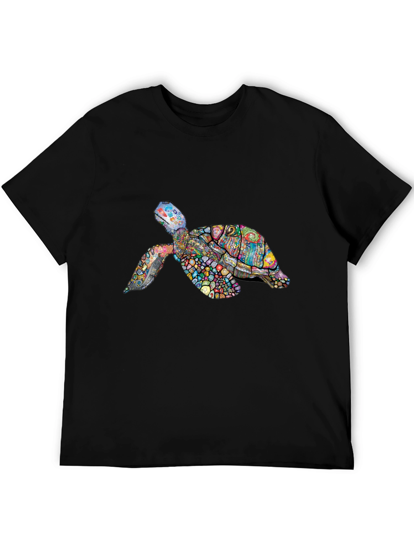 Vibrant Turtle Graphic Tee - Black Cotton T-Shirt