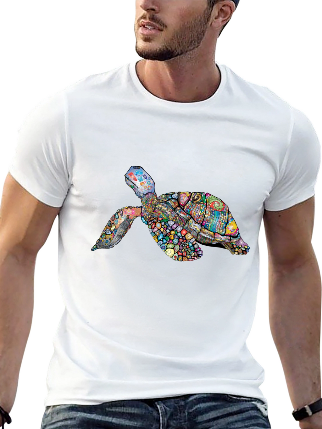 Vibrant Turtle Graphic Tee - Black Cotton T-Shirt