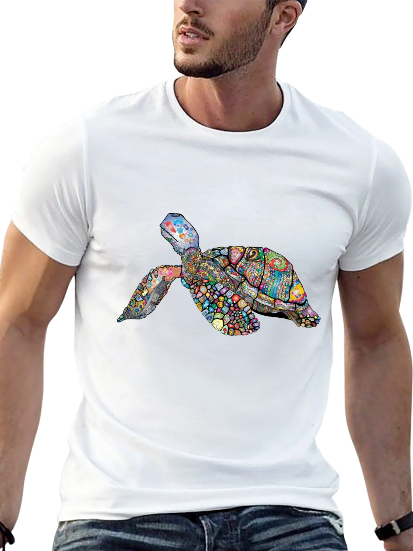 Vibrant Turtle Graphic Tee - Black Cotton T-Shirt