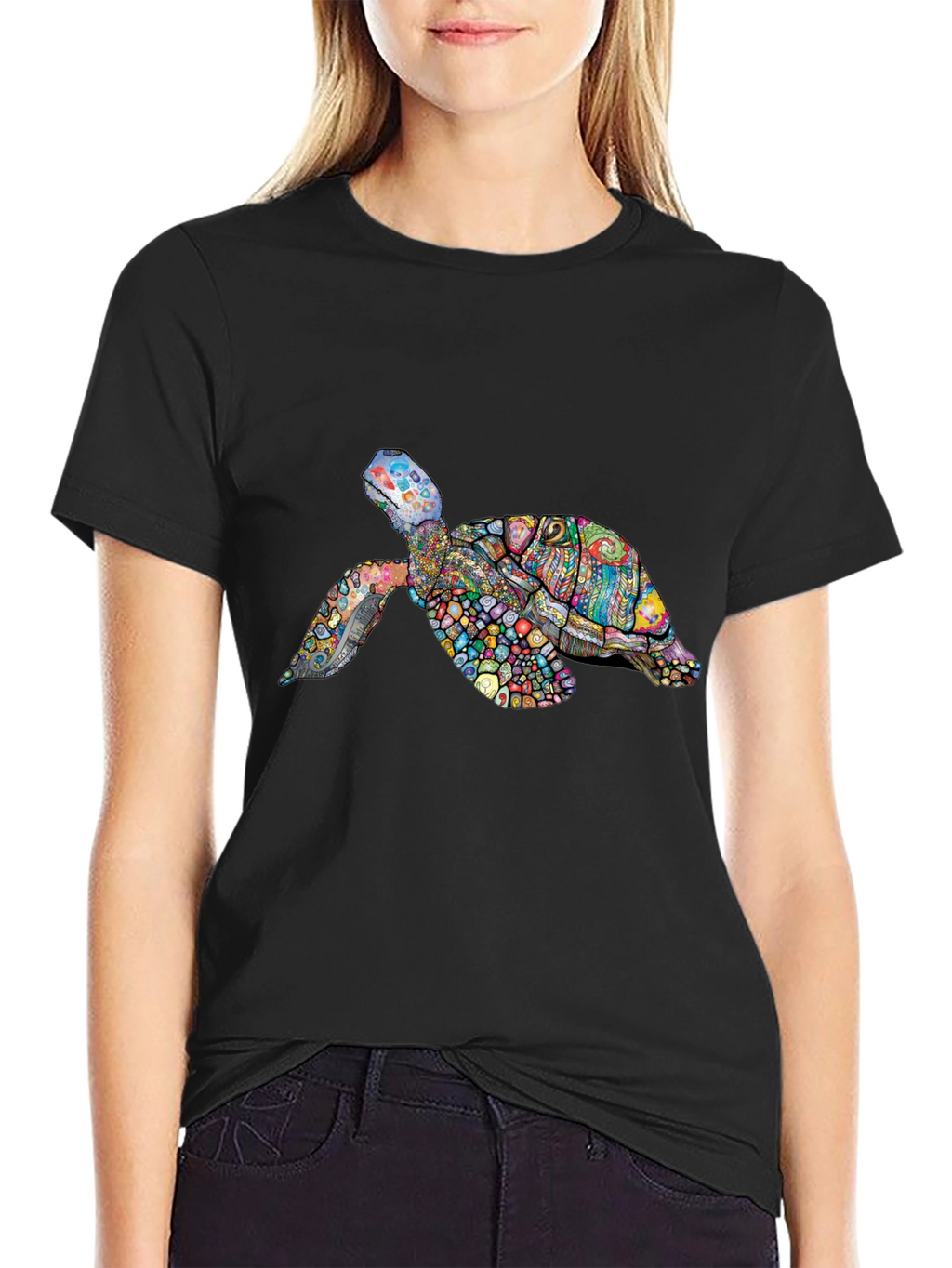 Vibrant Turtle Graphic Tee - Black Cotton T-Shirt