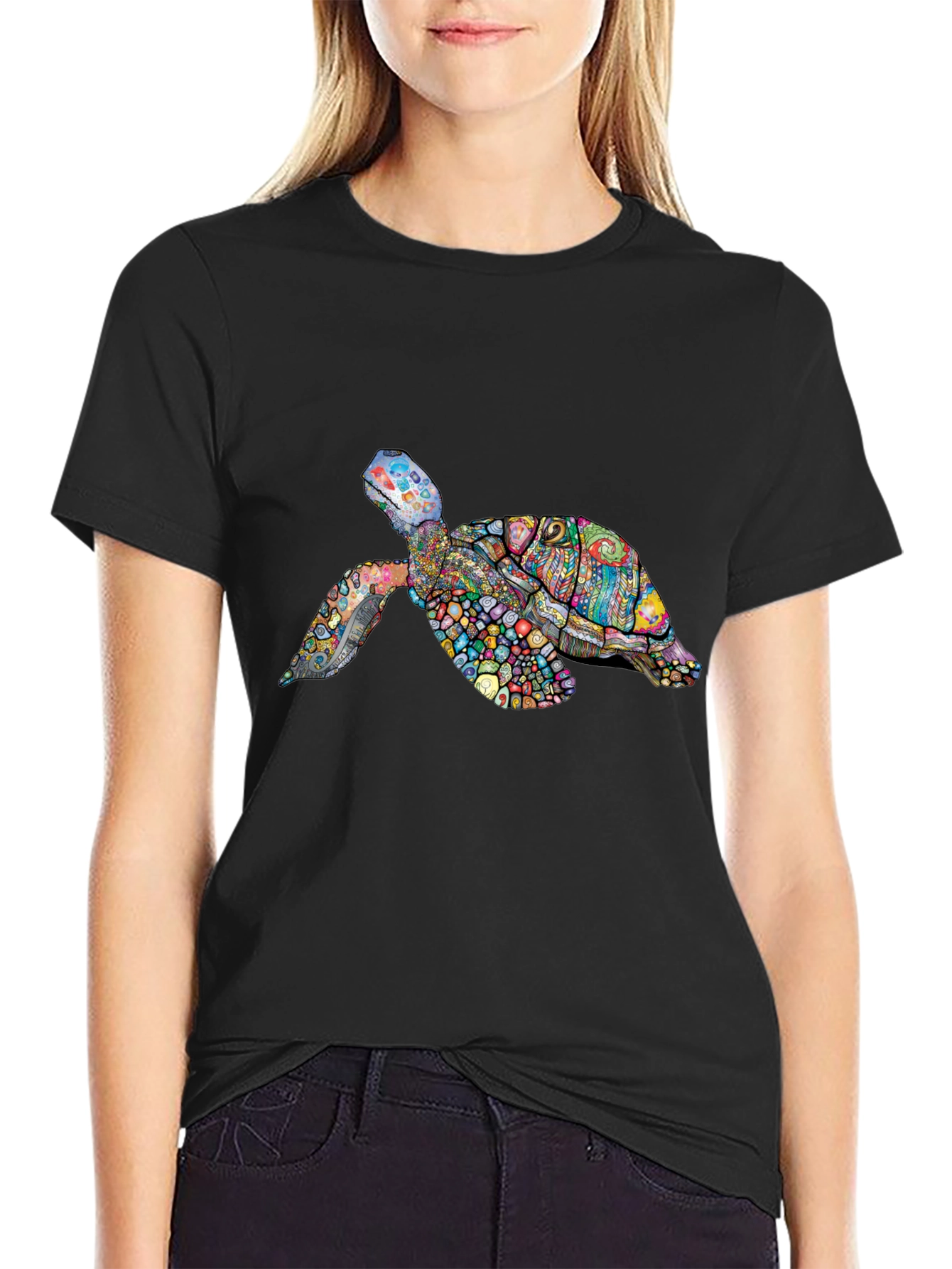 Vibrant Turtle Graphic Tee - Black Cotton T-Shirt