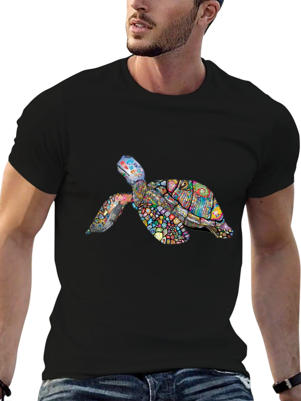 Vibrant Turtle Graphic Tee - Black Cotton T-Shirt