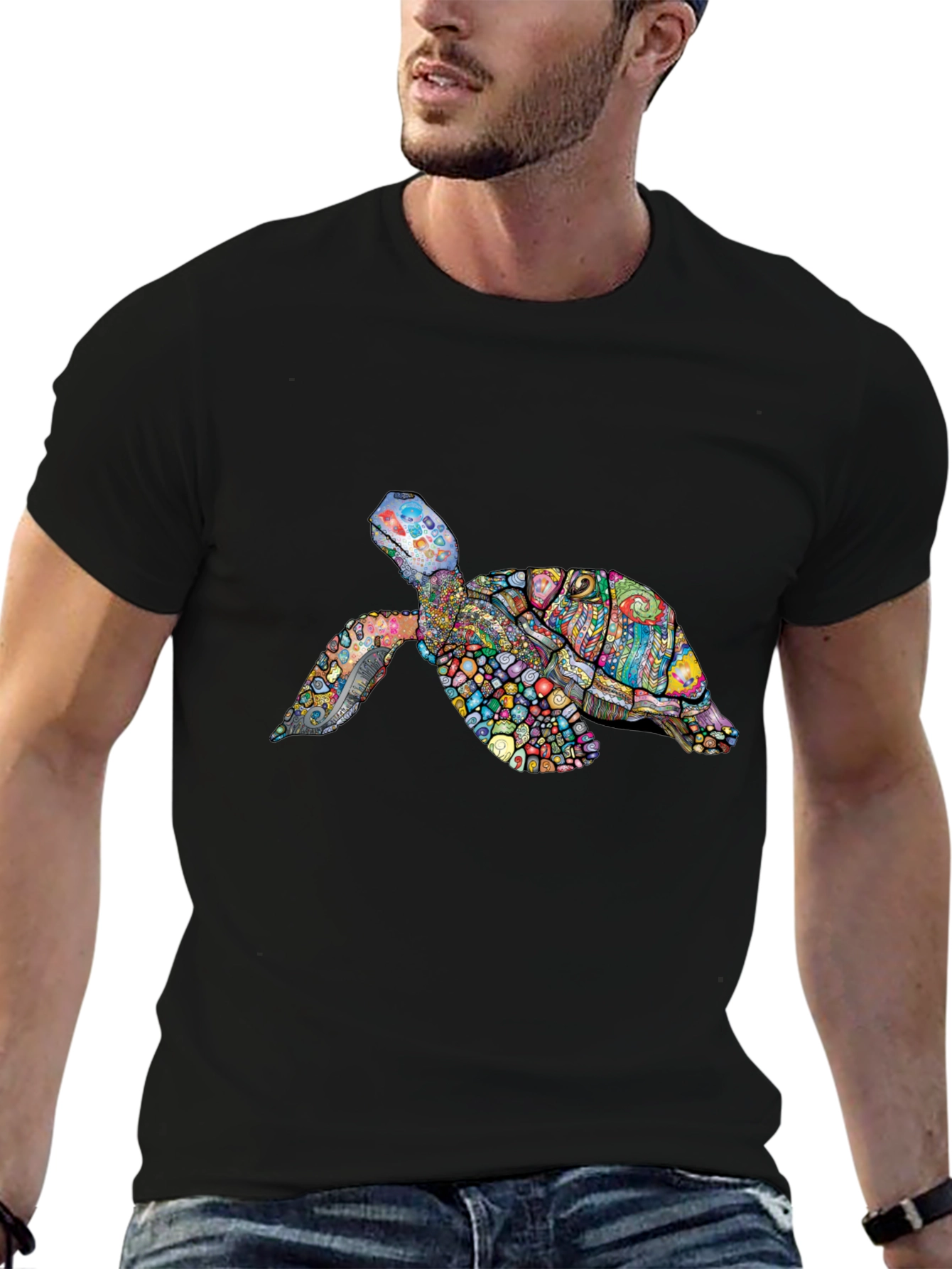 Vibrant Turtle Graphic Tee - Black Cotton T-Shirt