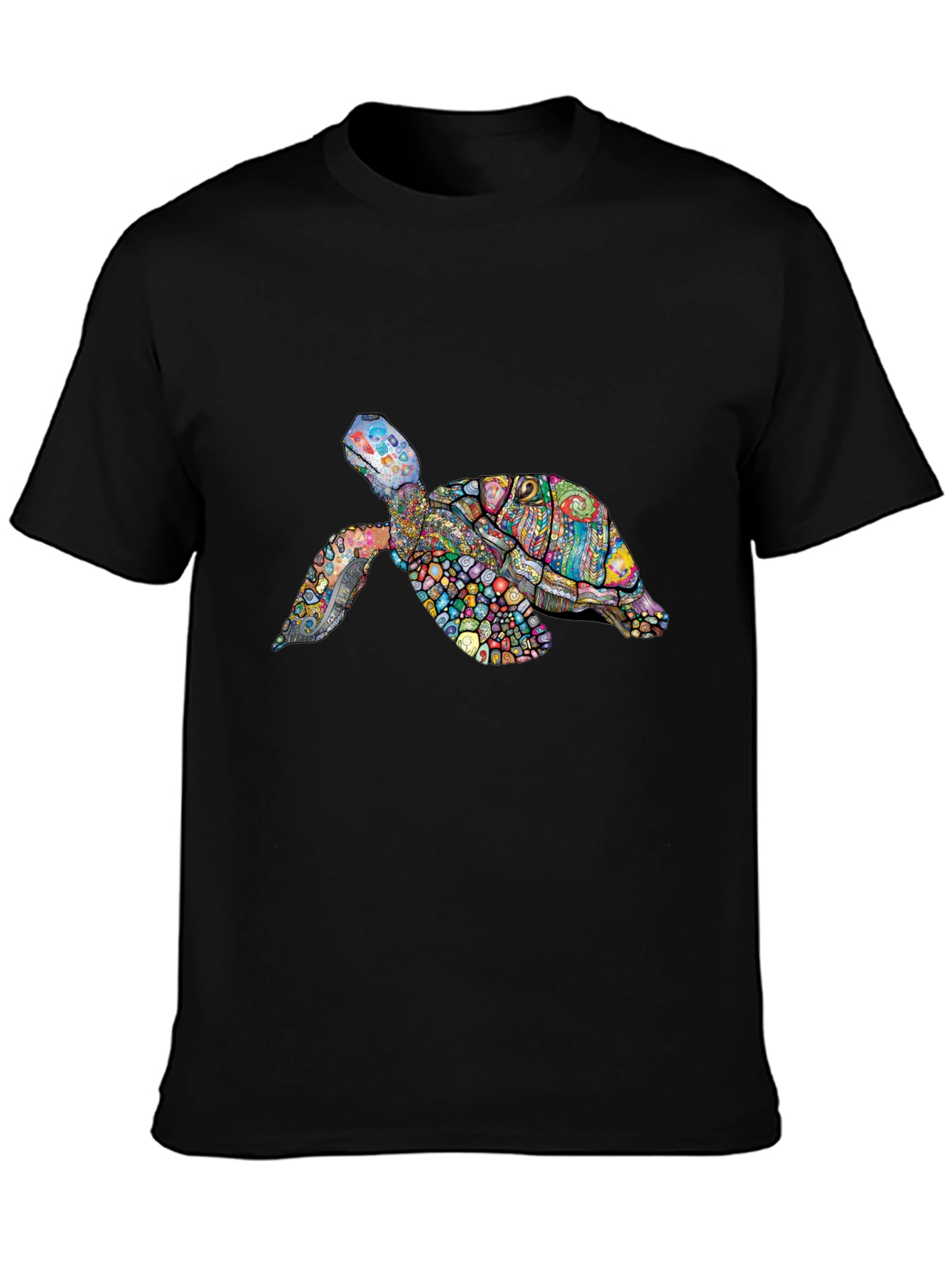Vibrant Turtle Graphic Tee - Black Cotton T-Shirt