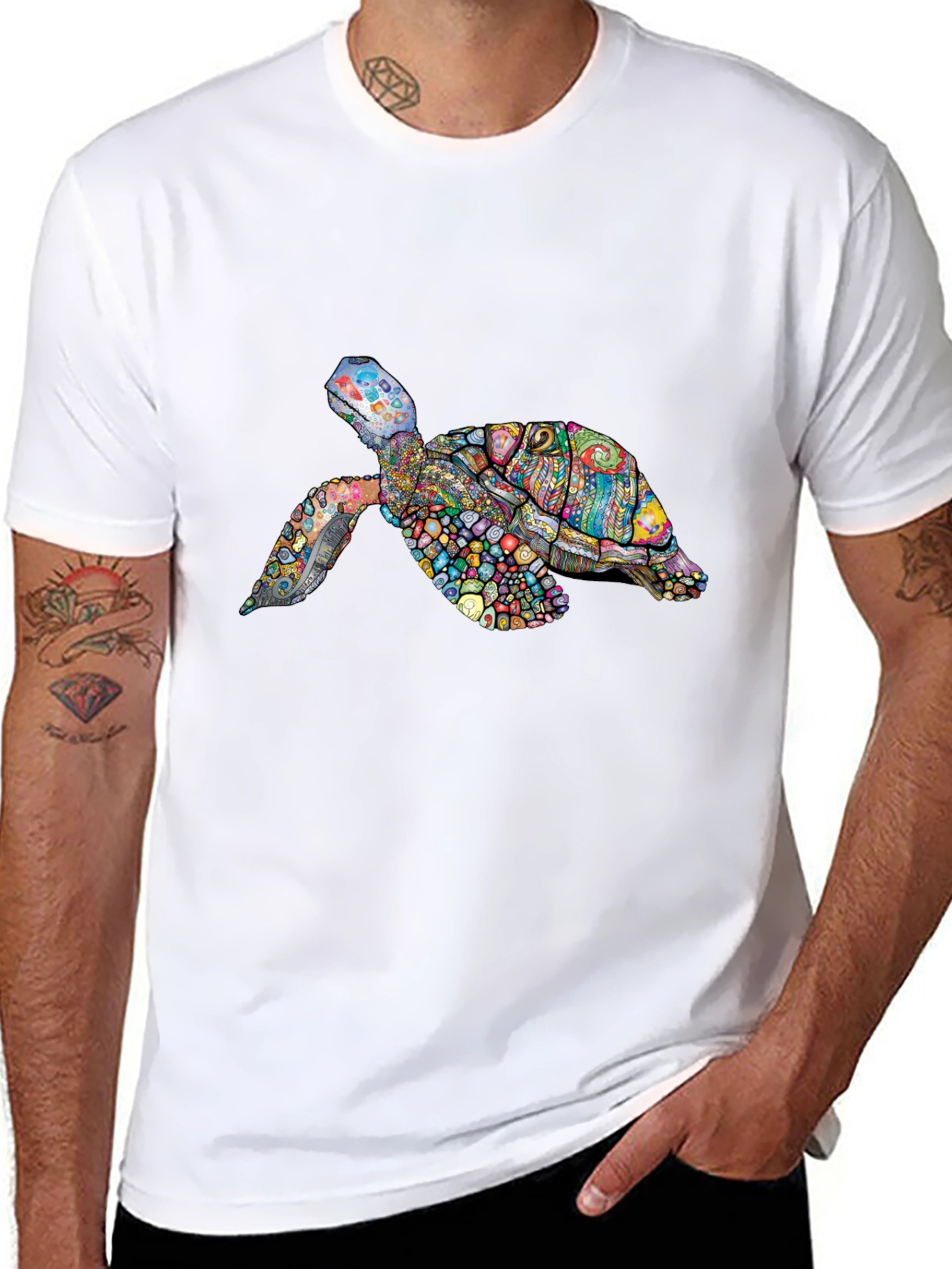 Vibrant Turtle Graphic Tee - Black Cotton T-Shirt