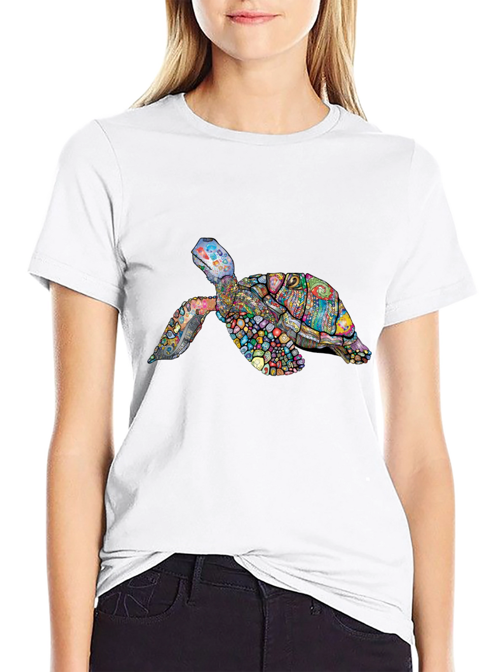 Vibrant Turtle Graphic Tee - Black Cotton T-Shirt