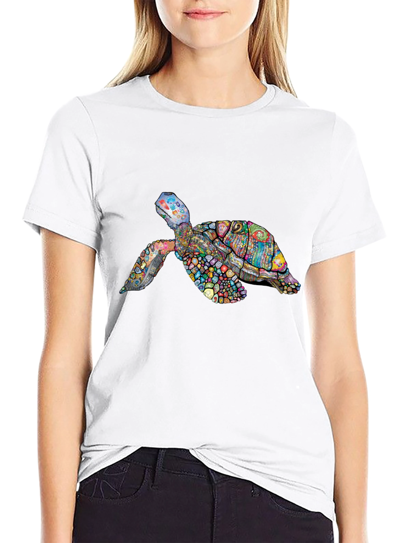Vibrant Turtle Graphic Tee - Black Cotton T-Shirt