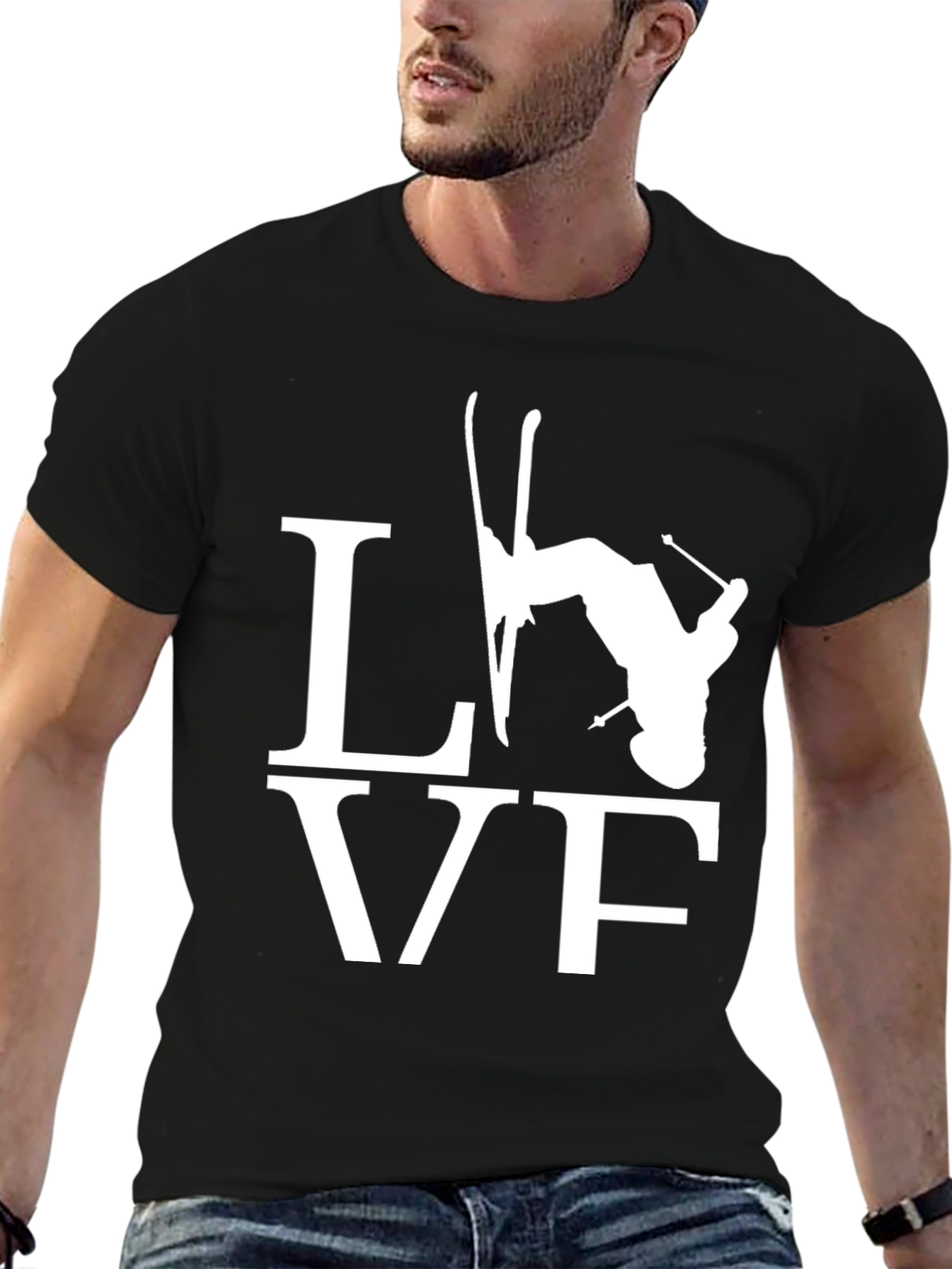 Skiing LOVE Graphic Tee - Black Cotton Blend