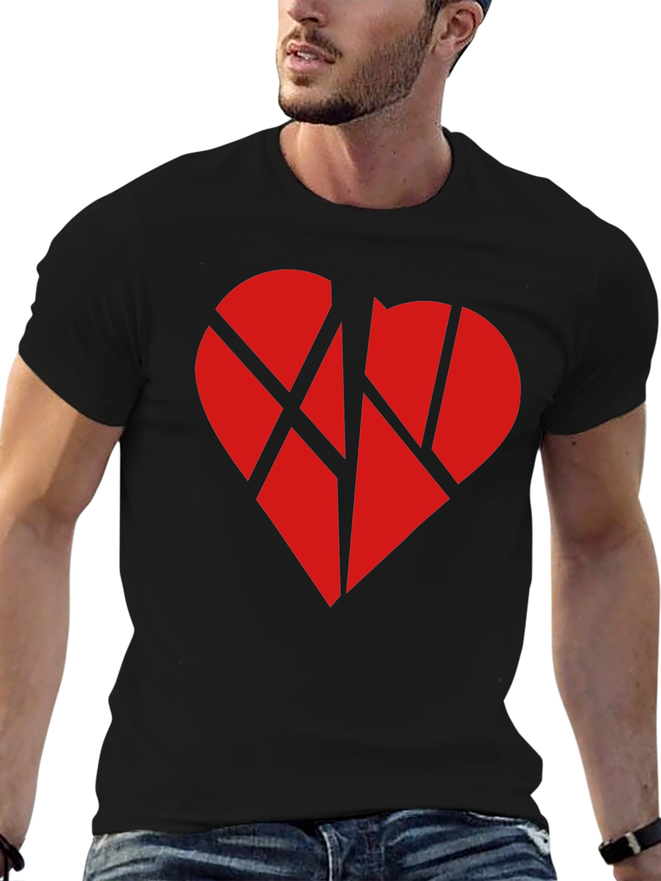 Broken Heart Graphic Tee - Black Cotton Casual T-Shirt