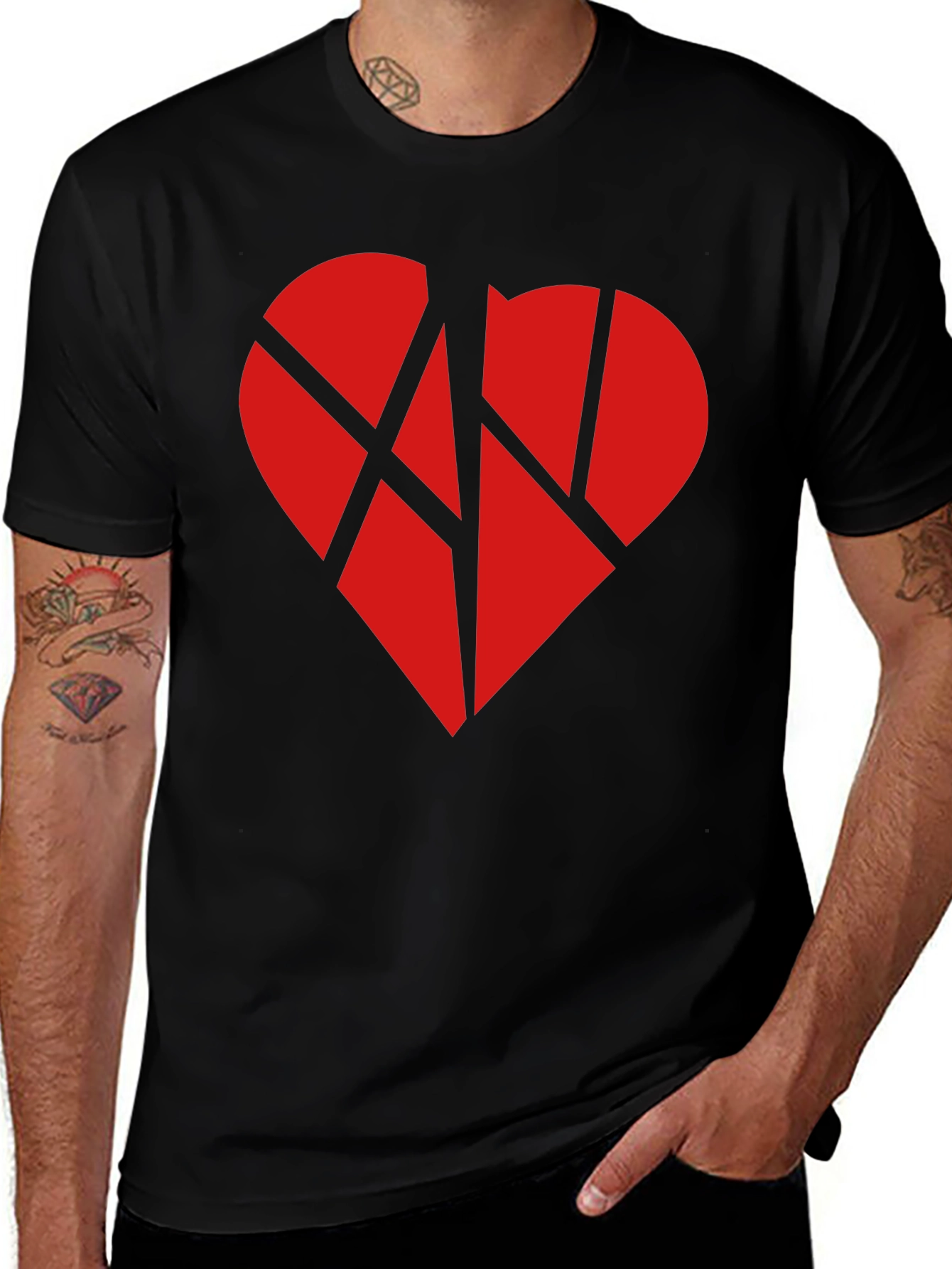 Broken Heart Graphic Tee - Black Cotton Casual T-Shirt