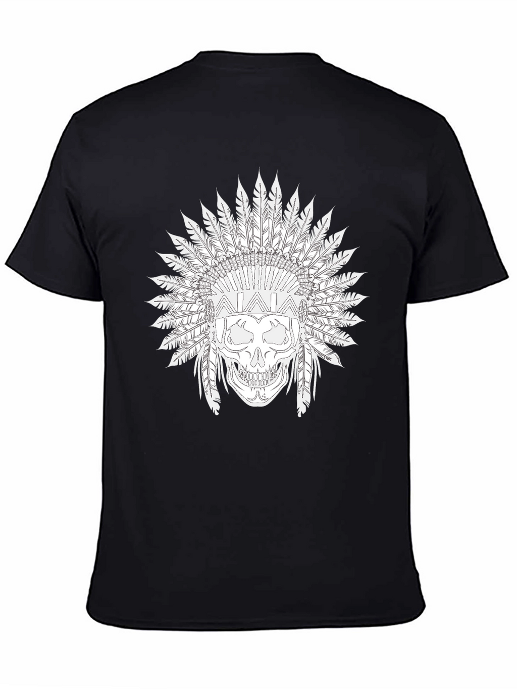 Black Skull T-Shirt with Feather Headdress Design