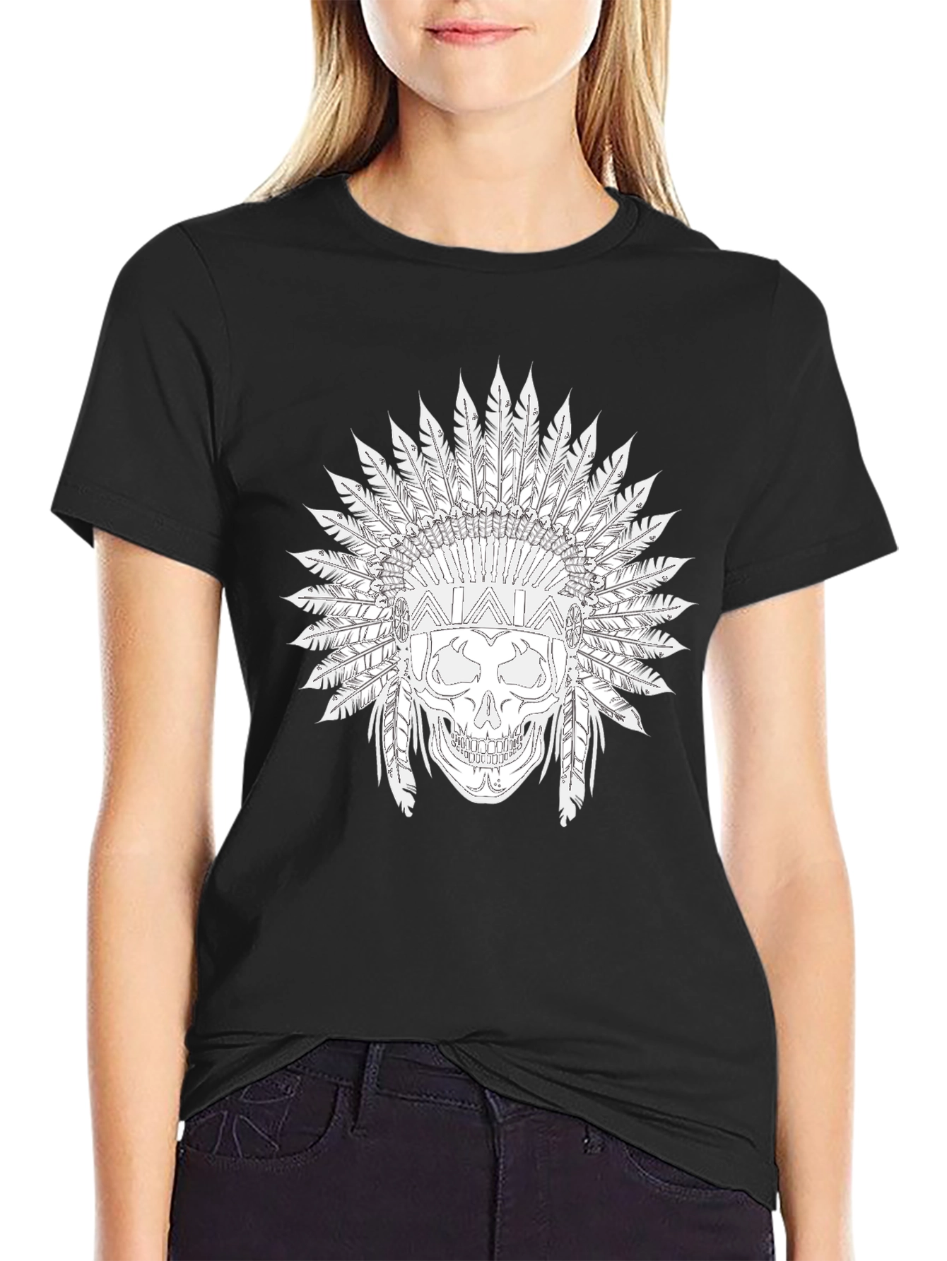 Black Skull T-Shirt with Feather Headdress Design