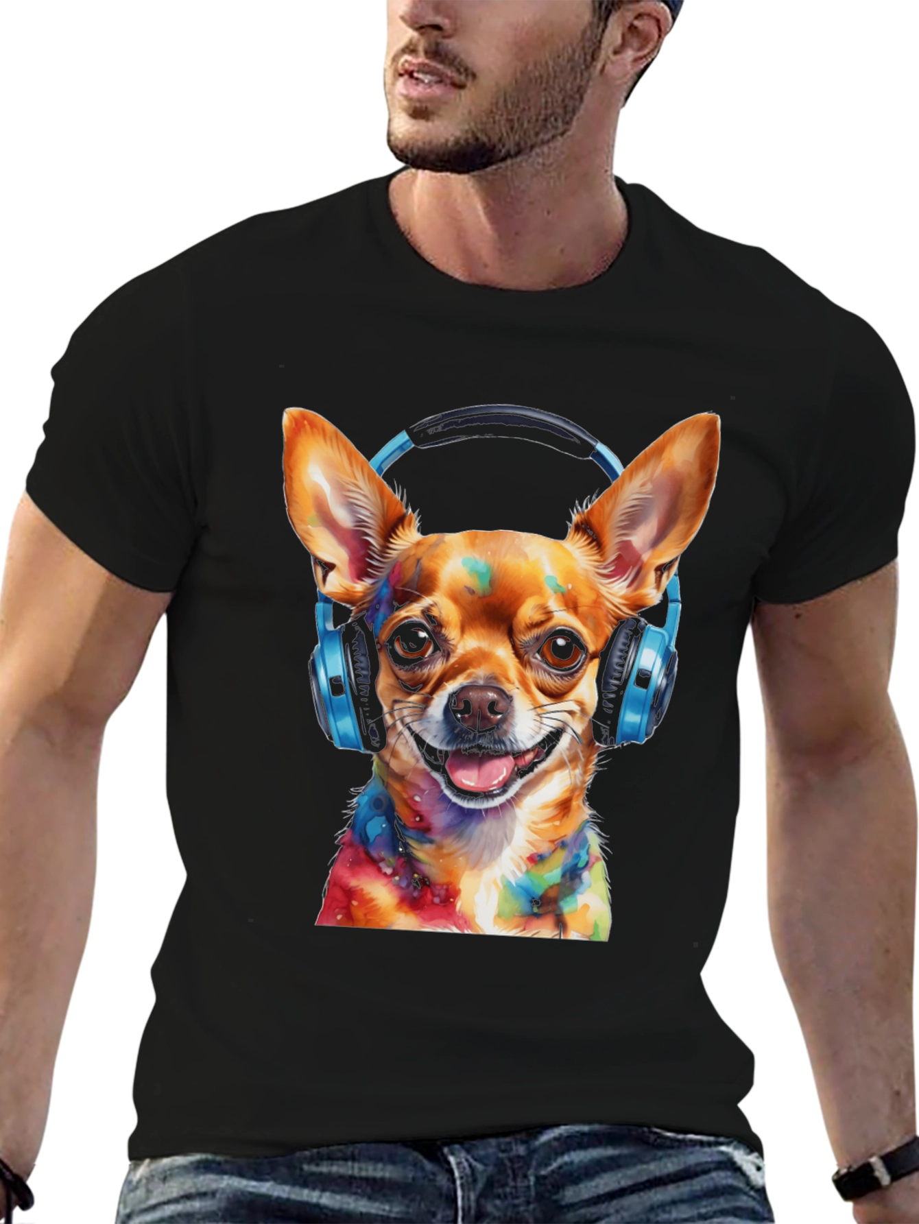 Dog DJ Tee - Colorful Chihuahua Headphones Graphic T-Shirt