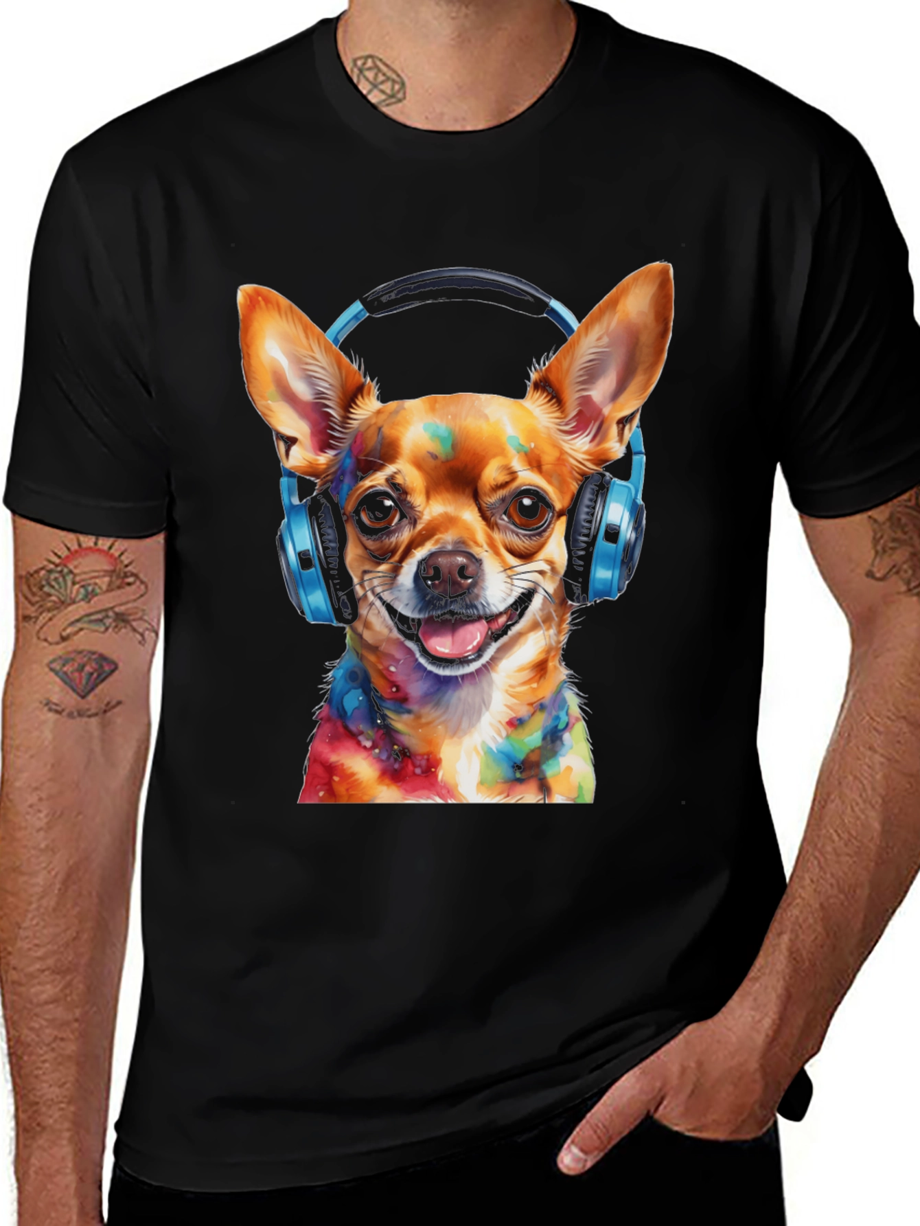 Dog DJ Tee - Colorful Chihuahua Headphones Graphic T-Shirt