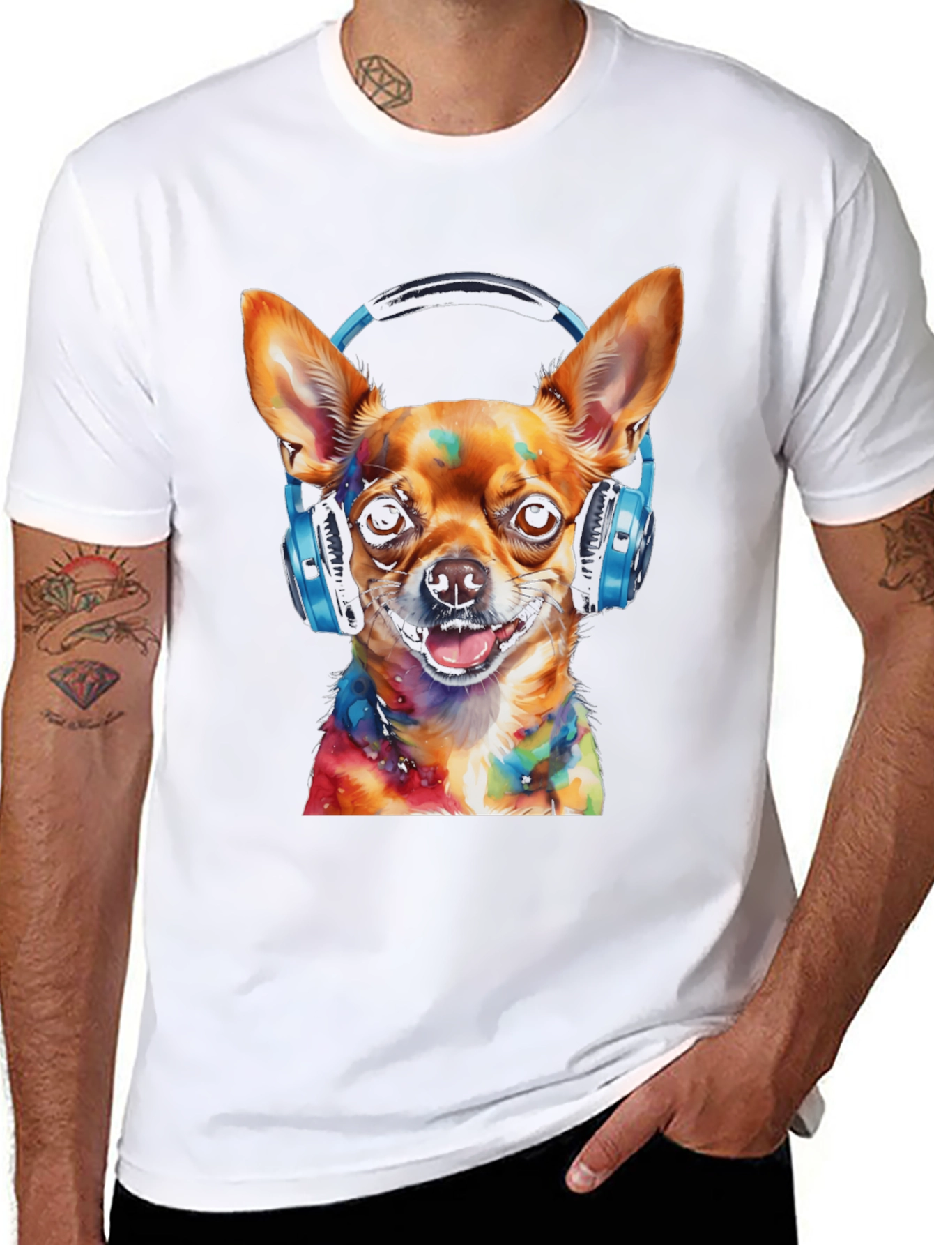 Dog DJ Tee - Colorful Chihuahua Headphones Graphic T-Shirt