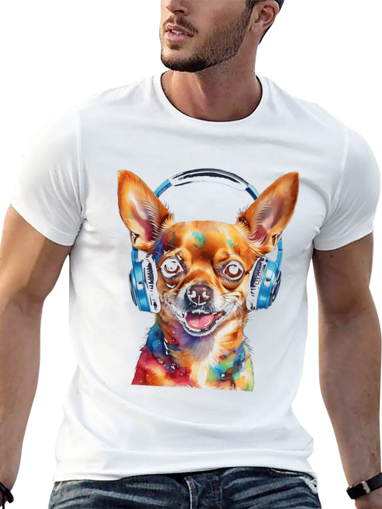Dog DJ Tee - Colorful Chihuahua Headphones Graphic T-Shirt