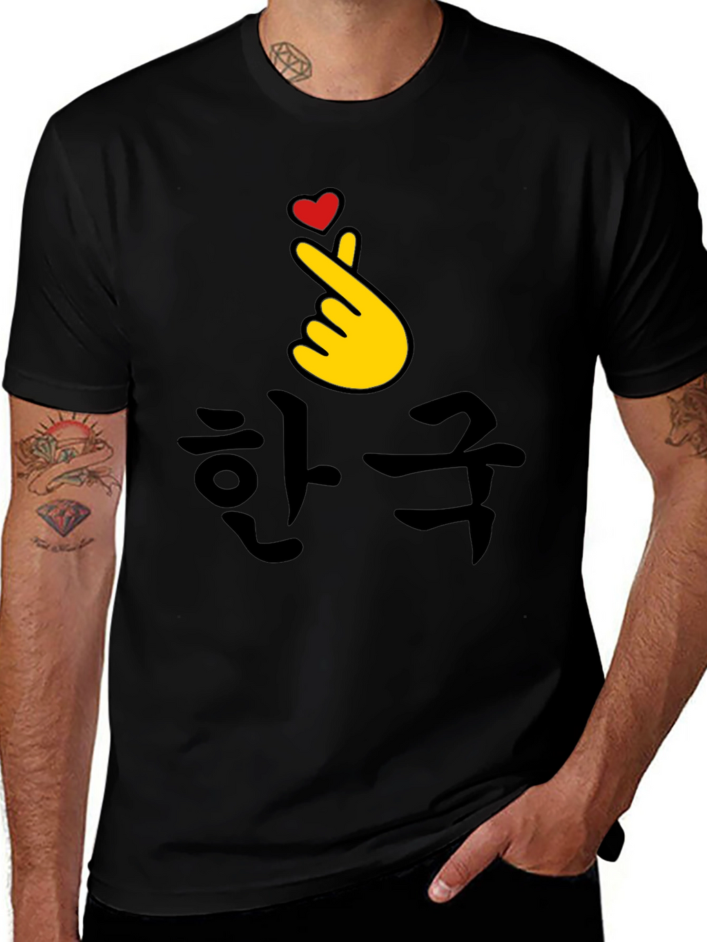 Korea Finger Heart T-Shirt - Black Cotton Tee