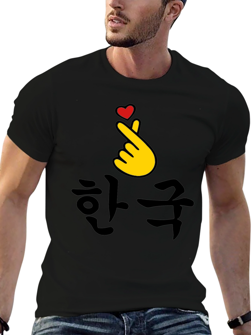 Korea Finger Heart T-Shirt - Black Cotton Tee