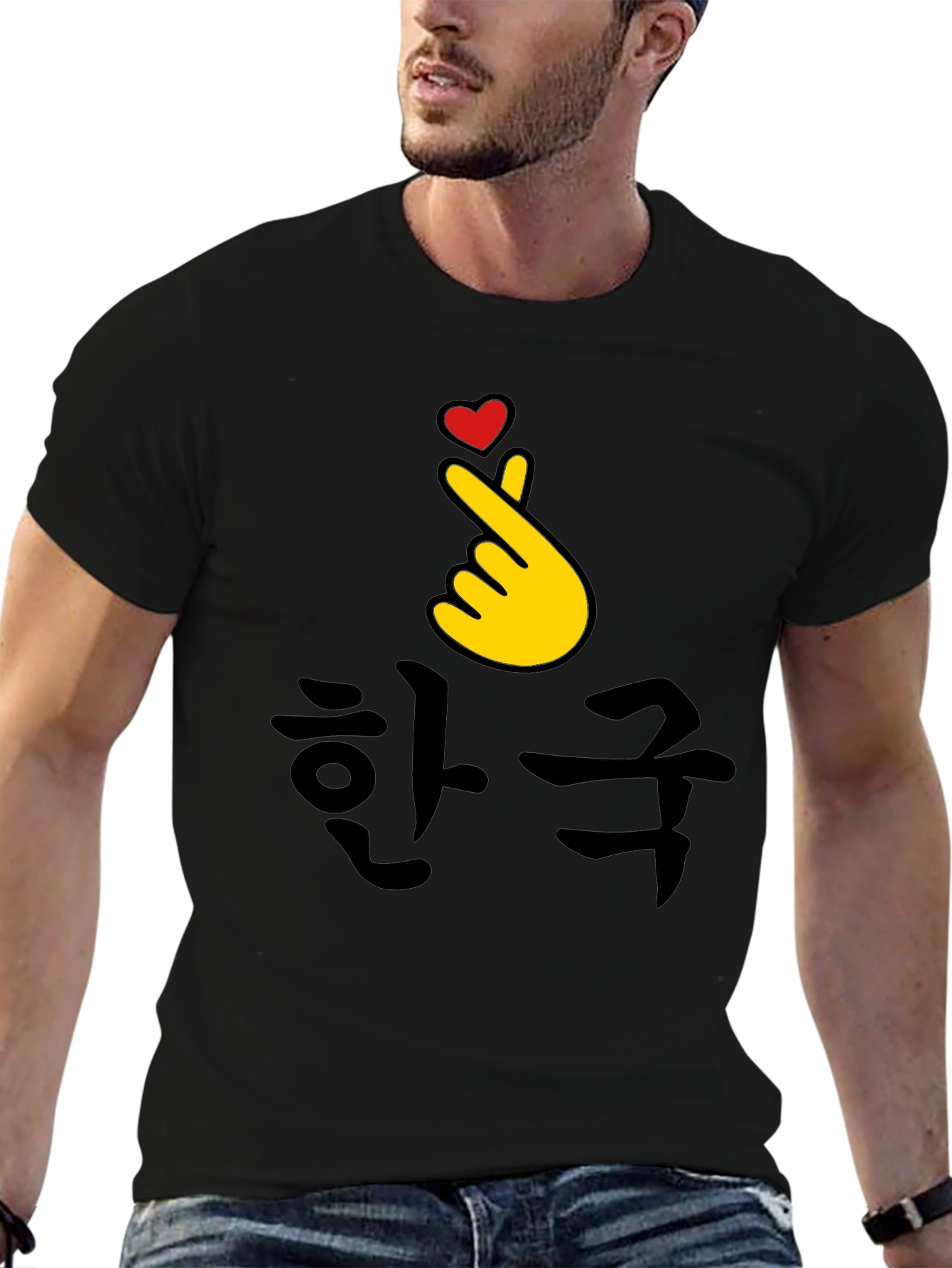 Korea Finger Heart T-Shirt - Black Cotton Tee