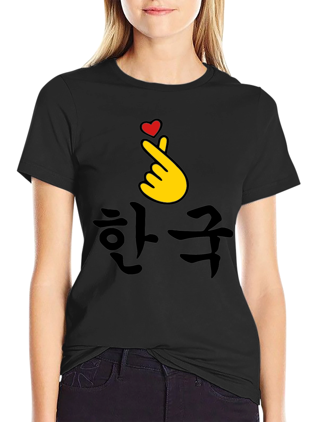 Korea Finger Heart T-Shirt - Black Cotton Tee
