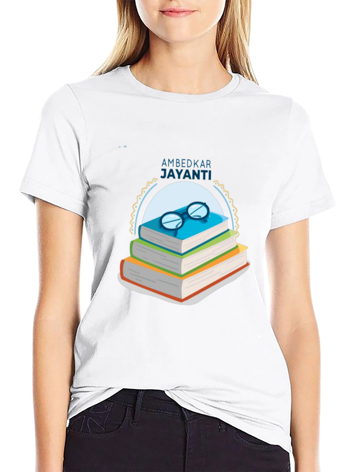 Ambedkar Jayanti T-Shirt: Stacked Books & Glasses Design