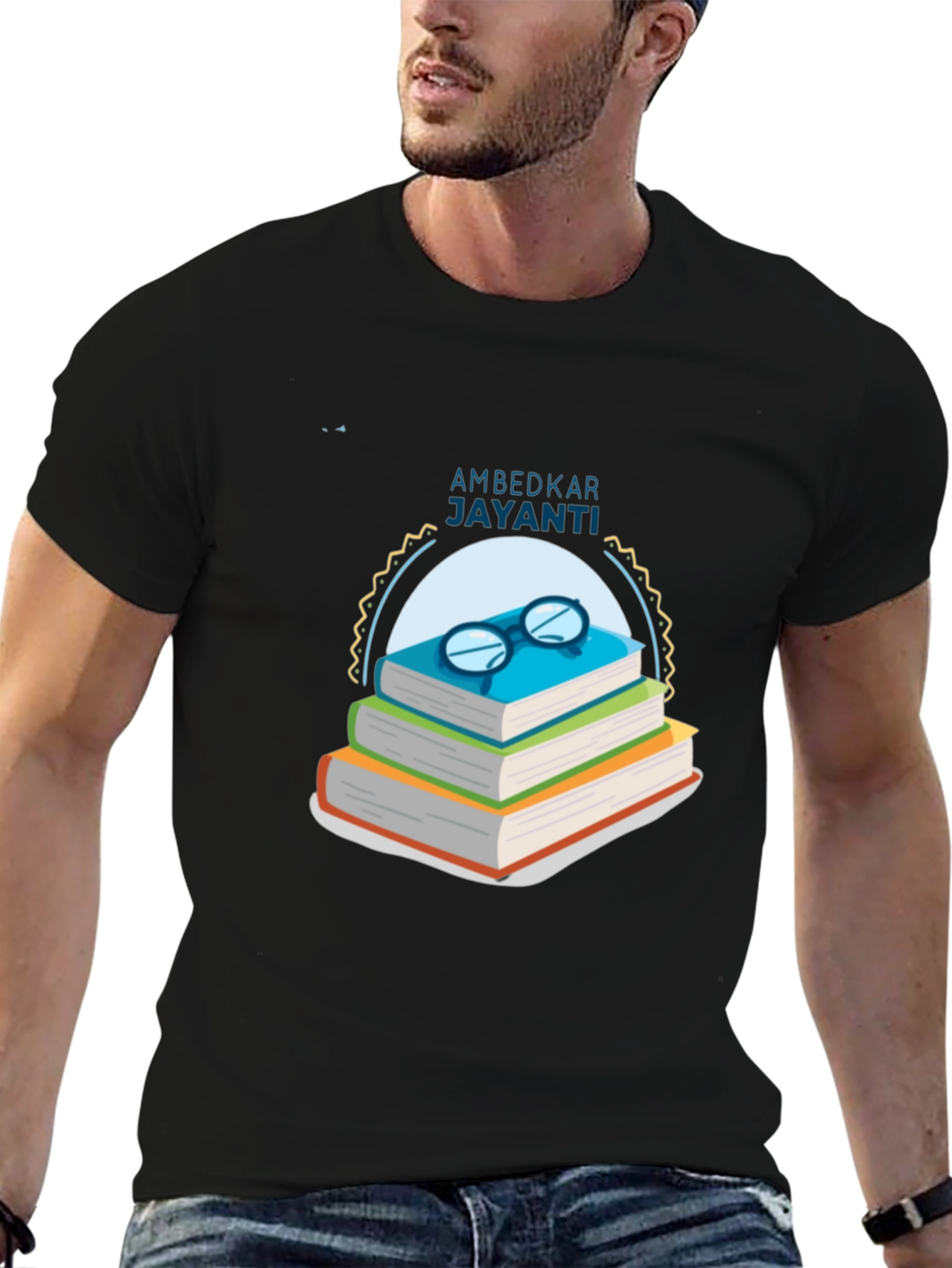 Ambedkar Jayanti T-Shirt: Stacked Books & Glasses Design