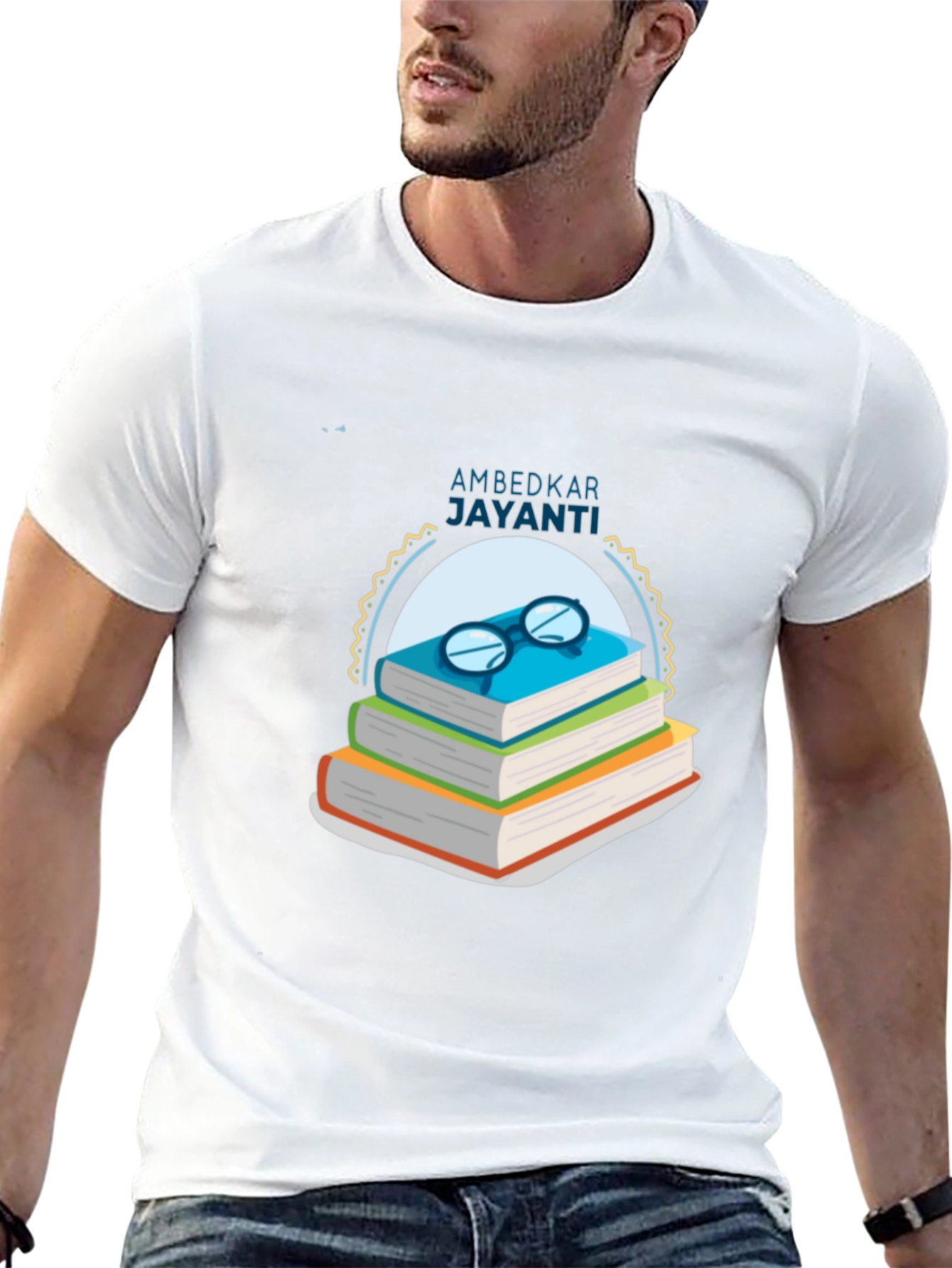 Ambedkar Jayanti T-Shirt: Stacked Books & Glasses Design
