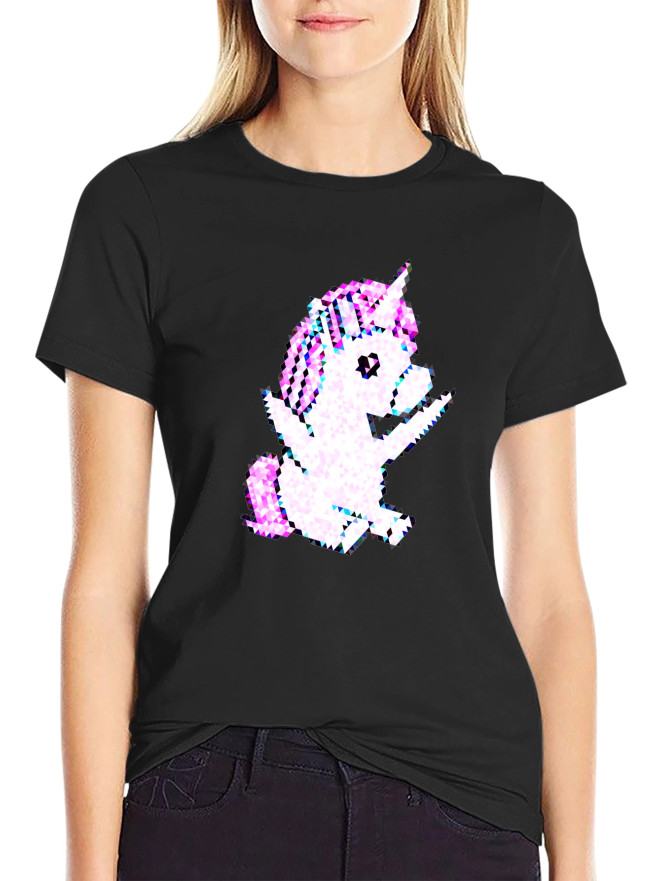 Pixelated Unicorn Graphic Black T-Shirt
