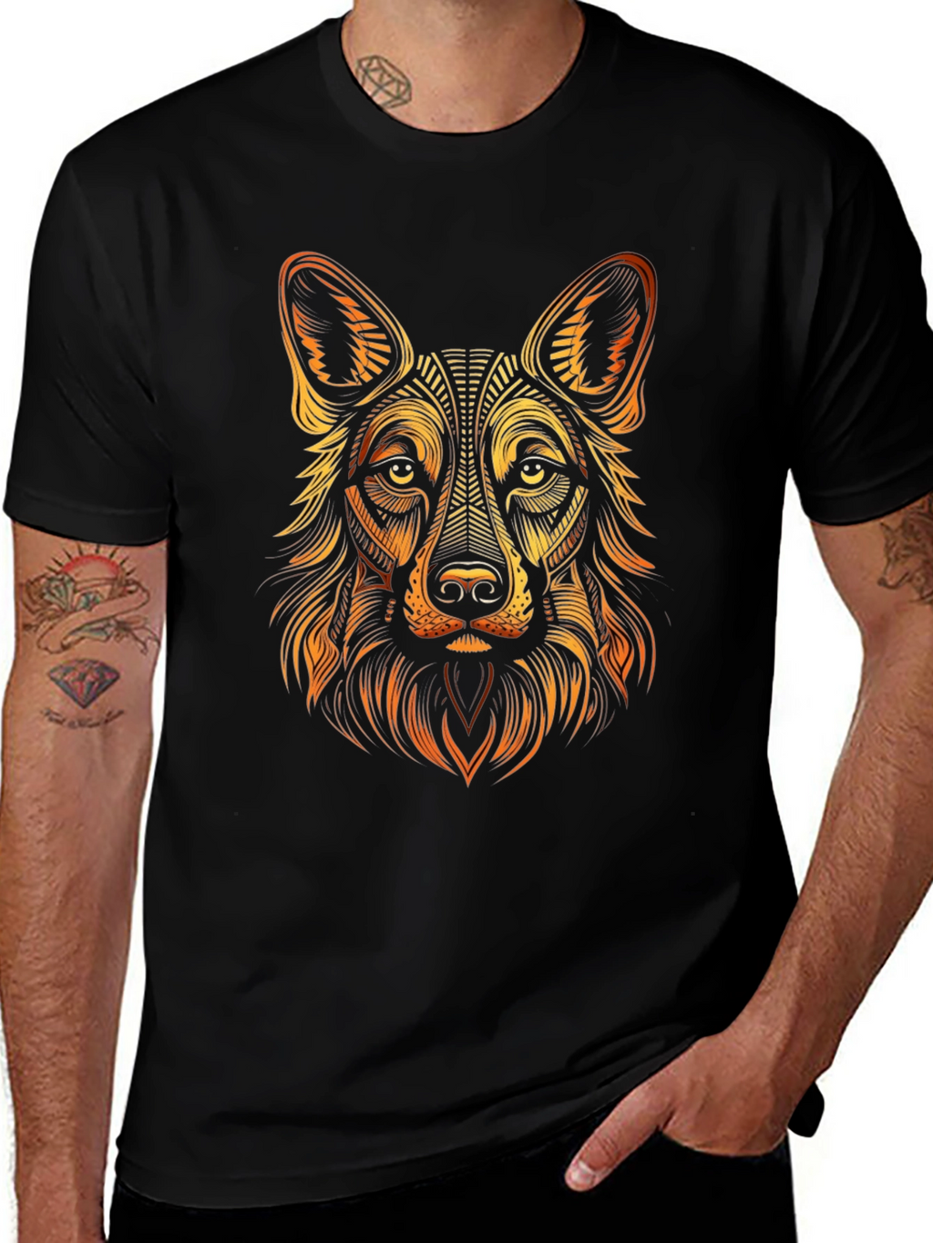 German Shepherd Graphic Print Mens Black T-Shirt