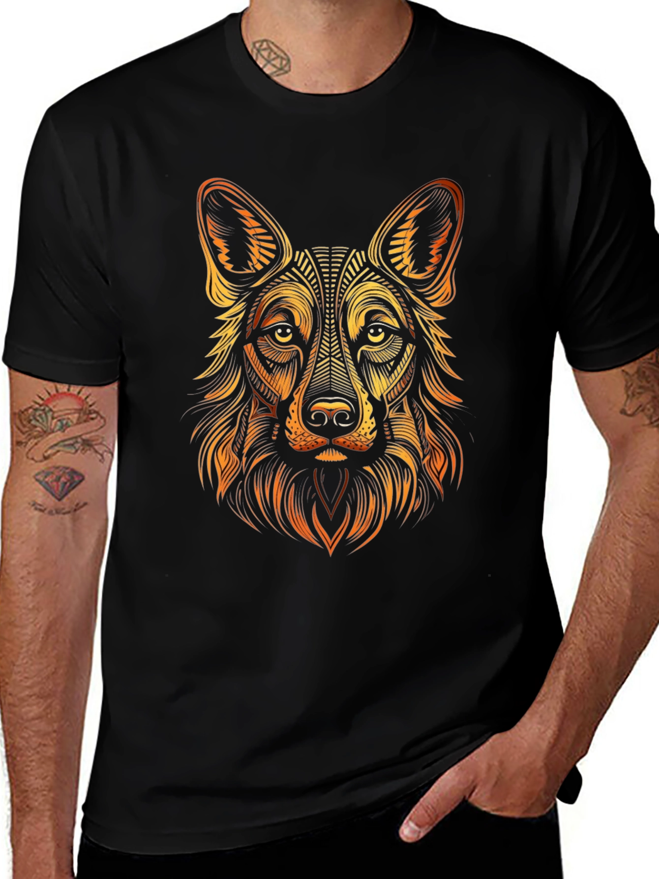 German Shepherd Graphic Print Mens Black T-Shirt