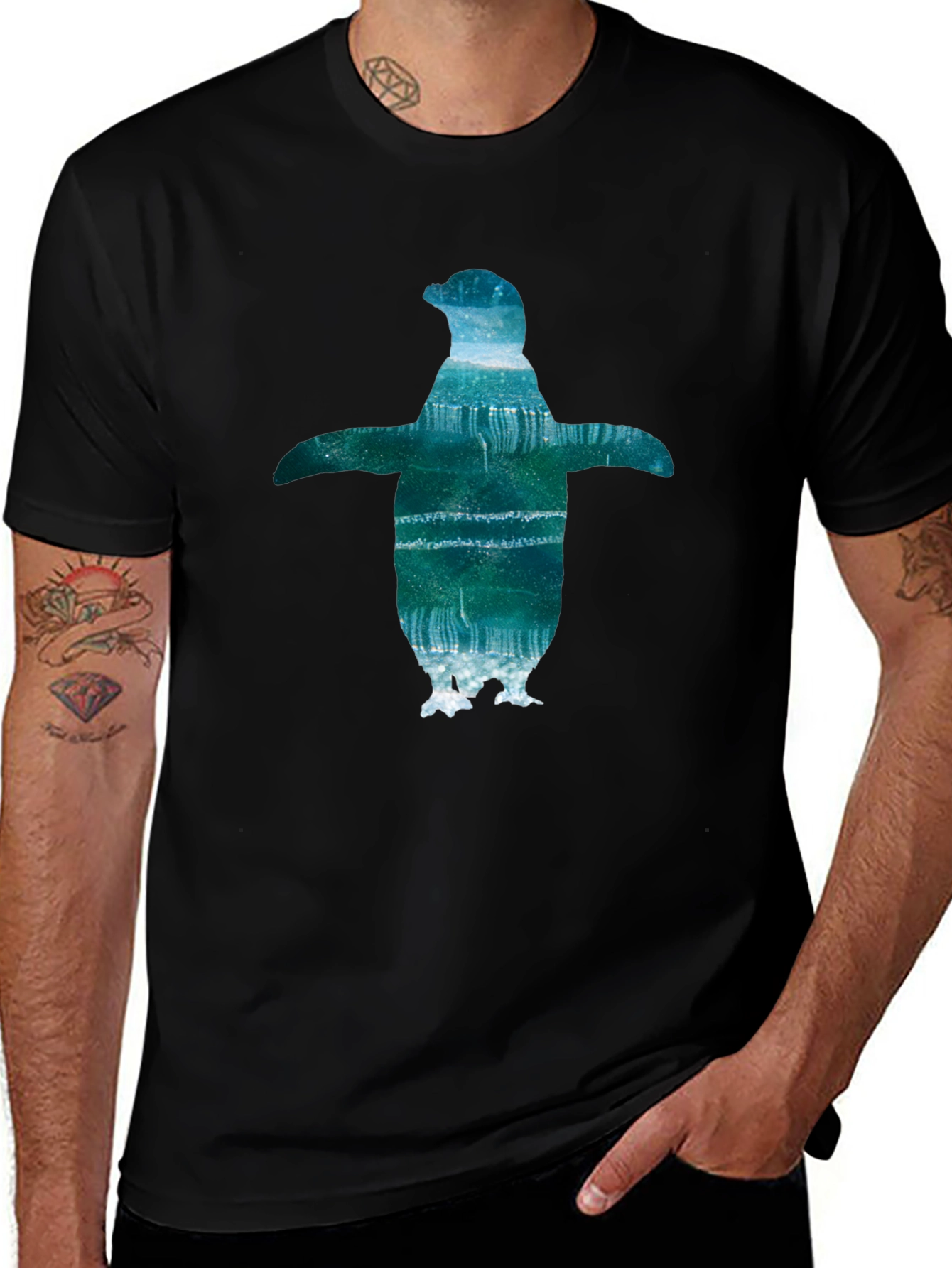 Mens Black T-Shirt with Penguin Graphic