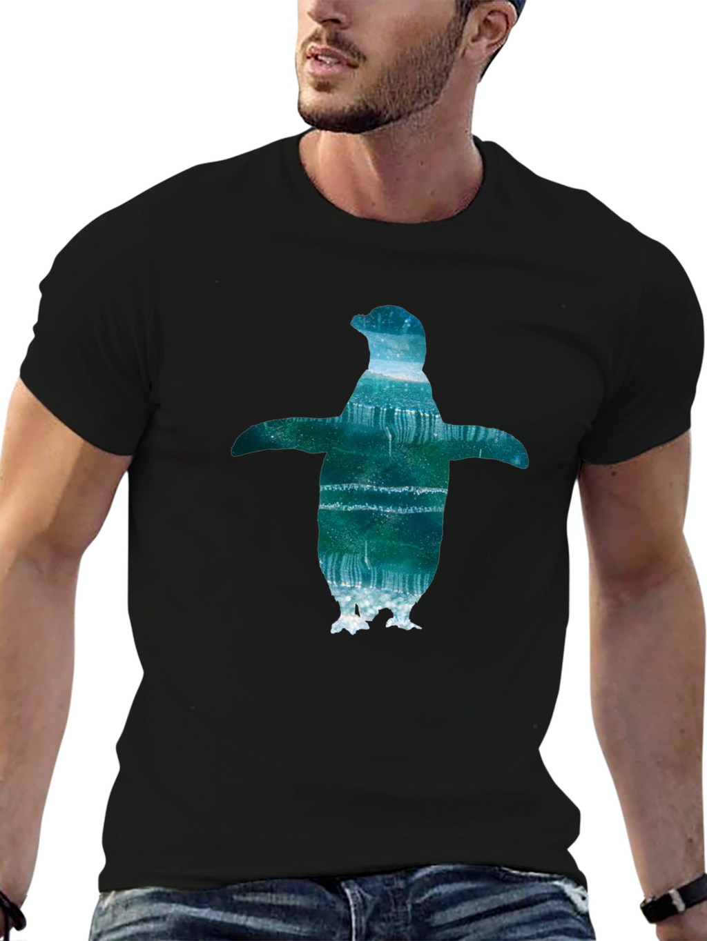 Mens Black T-Shirt with Penguin Graphic