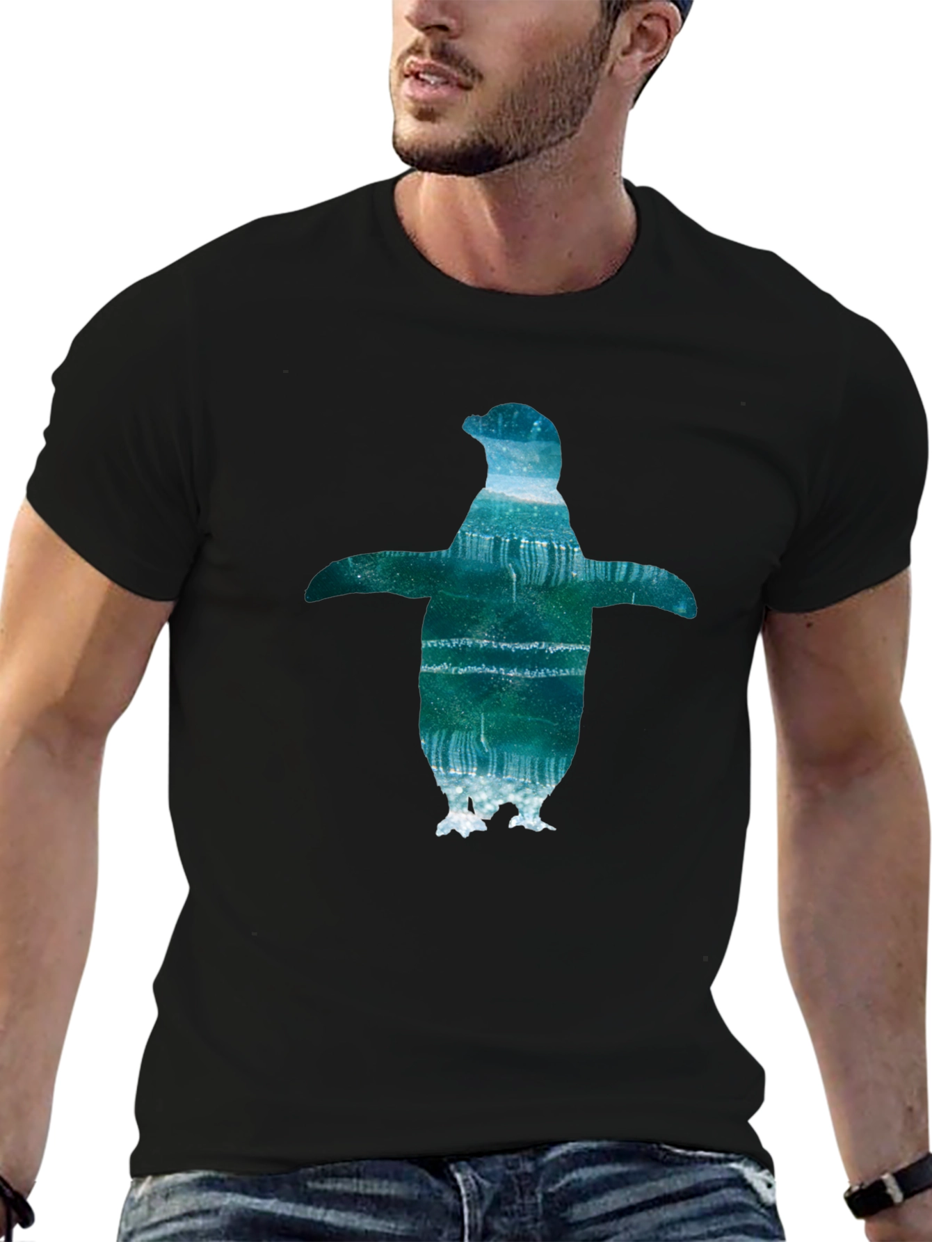 Mens Black T-Shirt with Penguin Graphic