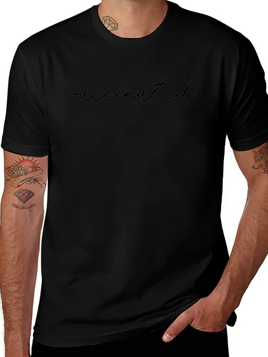 Vaccinated Black T-Shirt Crew Neck Short Sleeve