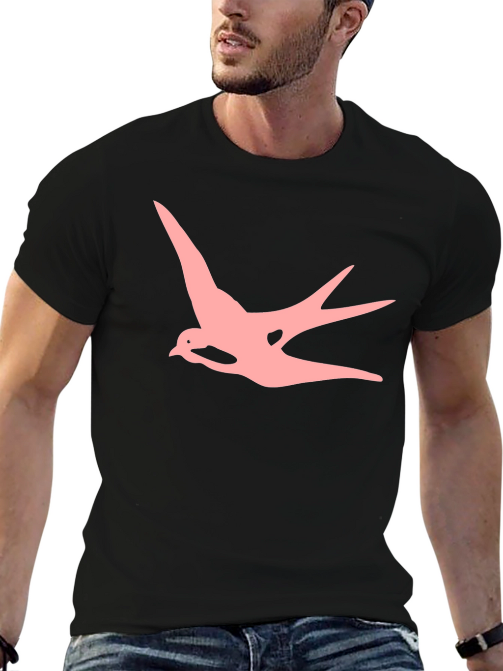 Mens Black T-shirt with Pink Swallow Graphic