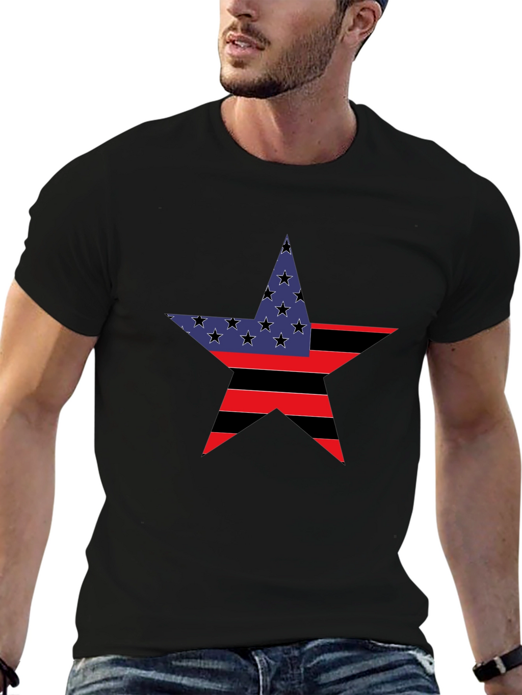 Patriotic Star Graphic Tee - Black