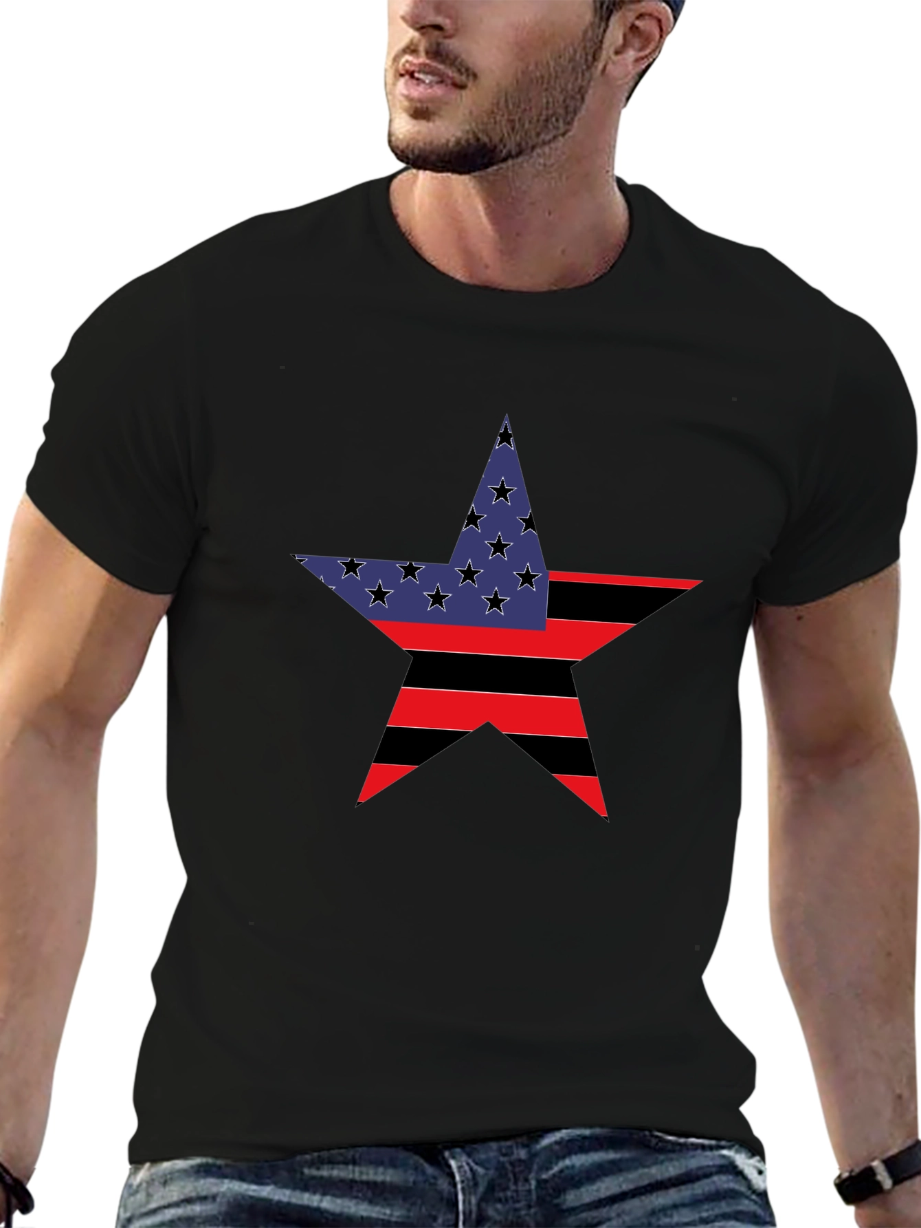 Patriotic Star Graphic Tee - Black