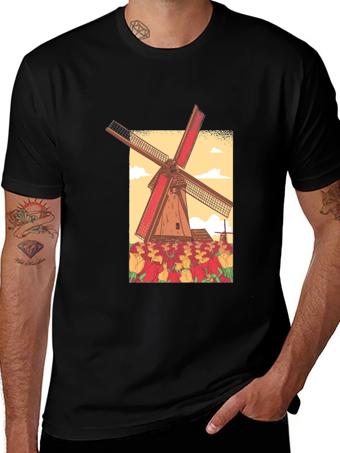 Dutch Windmill Tulip Field Graphic Tee
