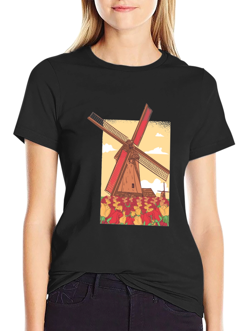 Dutch Windmill Tulip Field Graphic Tee