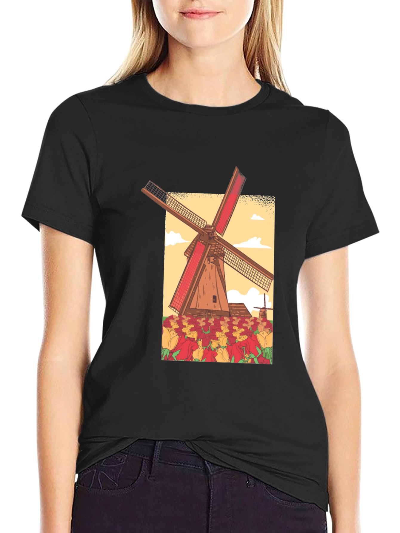 Dutch Windmill Tulip Field Graphic Tee