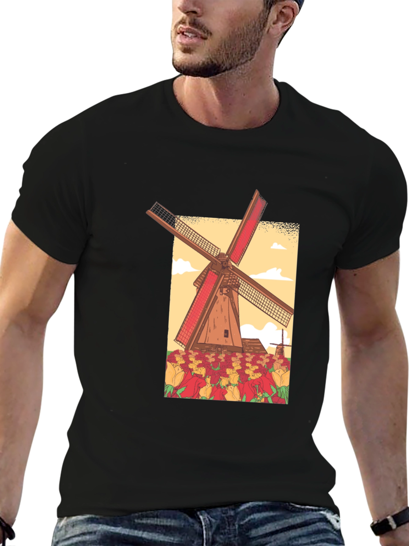 Dutch Windmill Tulip Field Graphic Tee