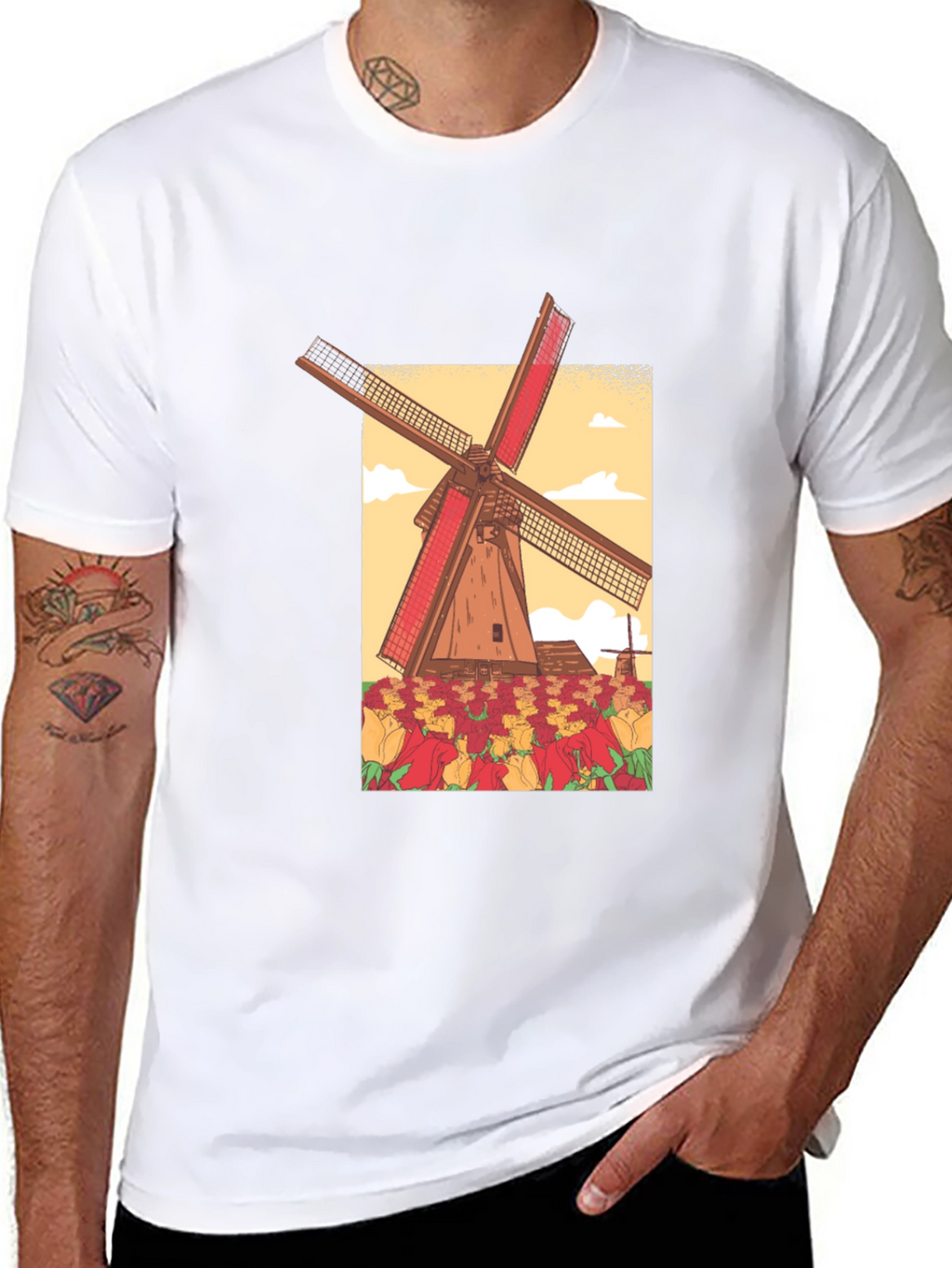 Dutch Windmill Tulip Field Graphic Tee