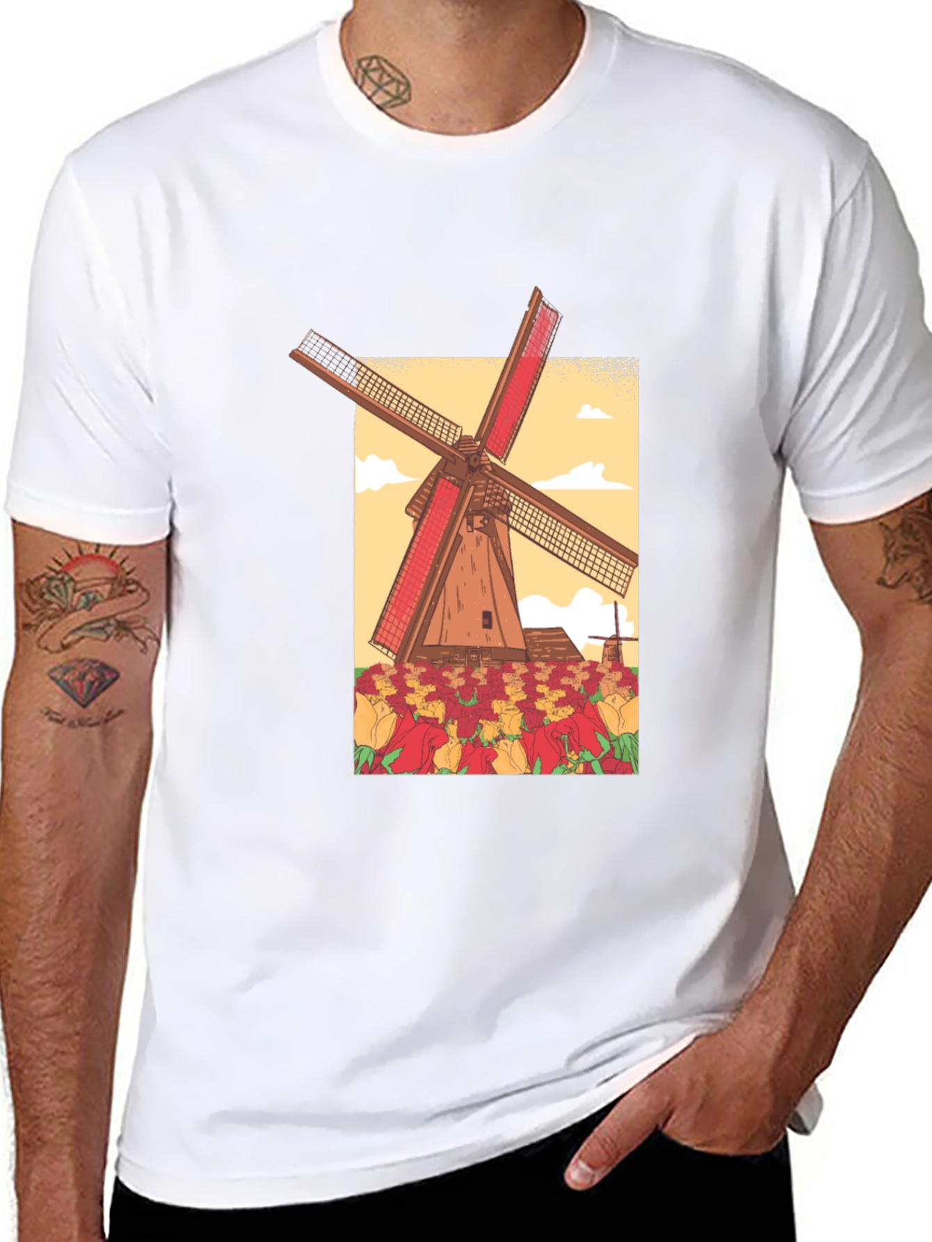 Dutch Windmill Tulip Field Graphic Tee