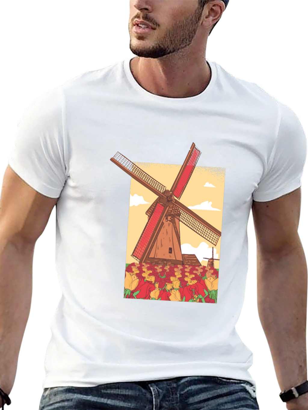 Dutch Windmill Tulip Field Graphic Tee