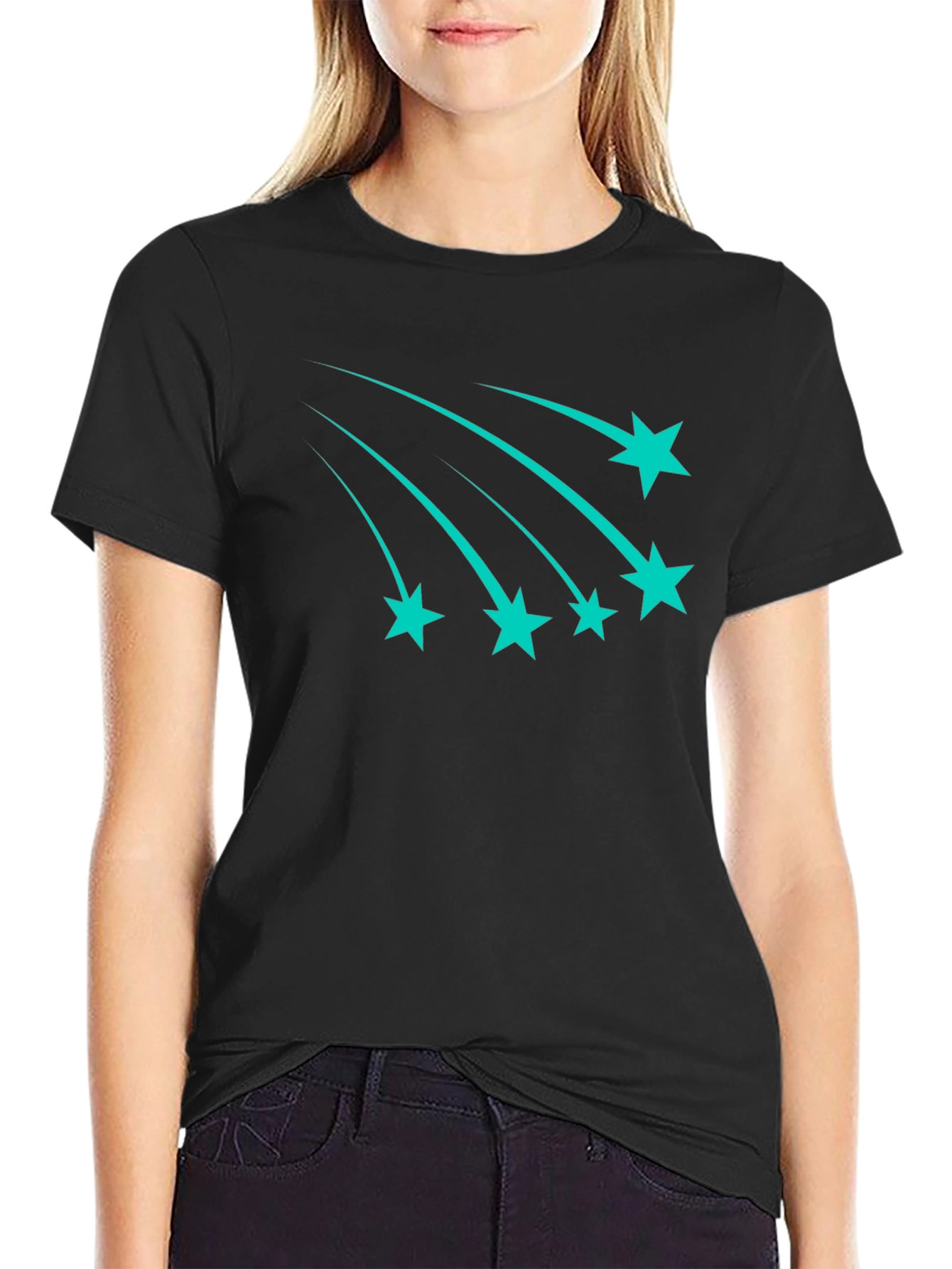 Black Tee with Teal Shooting Stars