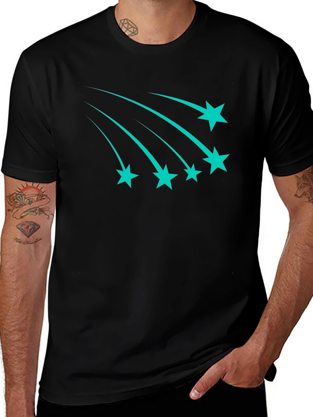 Black Tee with Teal Shooting Stars