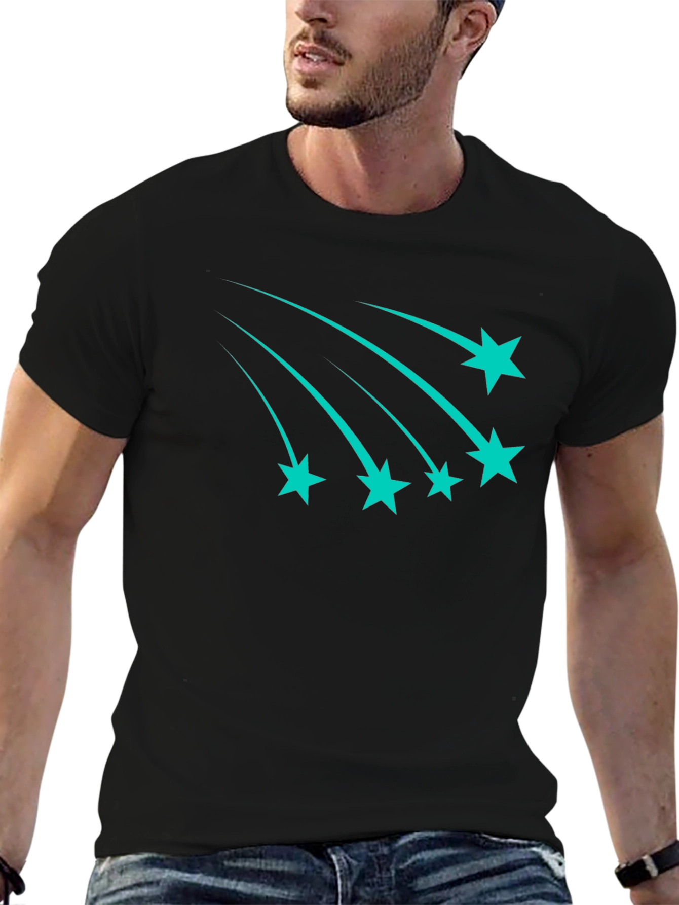 Black Tee with Teal Shooting Stars