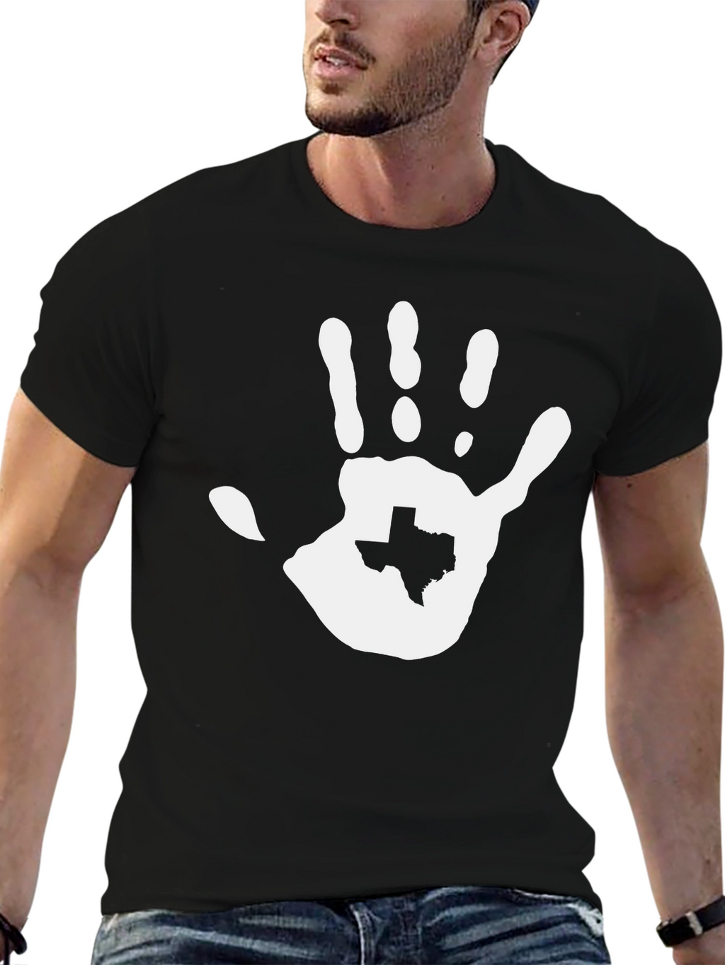 Texas Hand Print Graphic Tee - Black Cotton T-Shirt