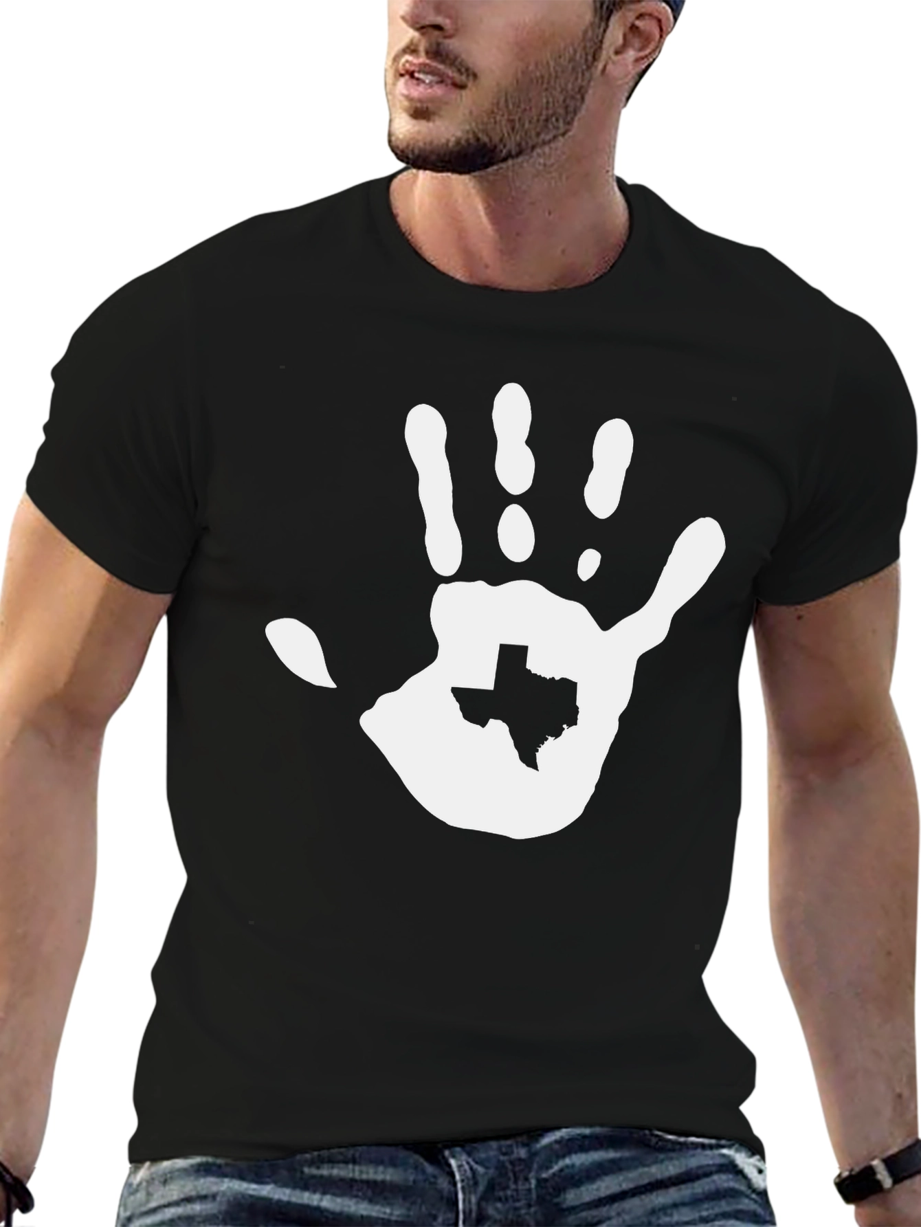 Texas Hand Print Graphic Tee - Black Cotton T-Shirt