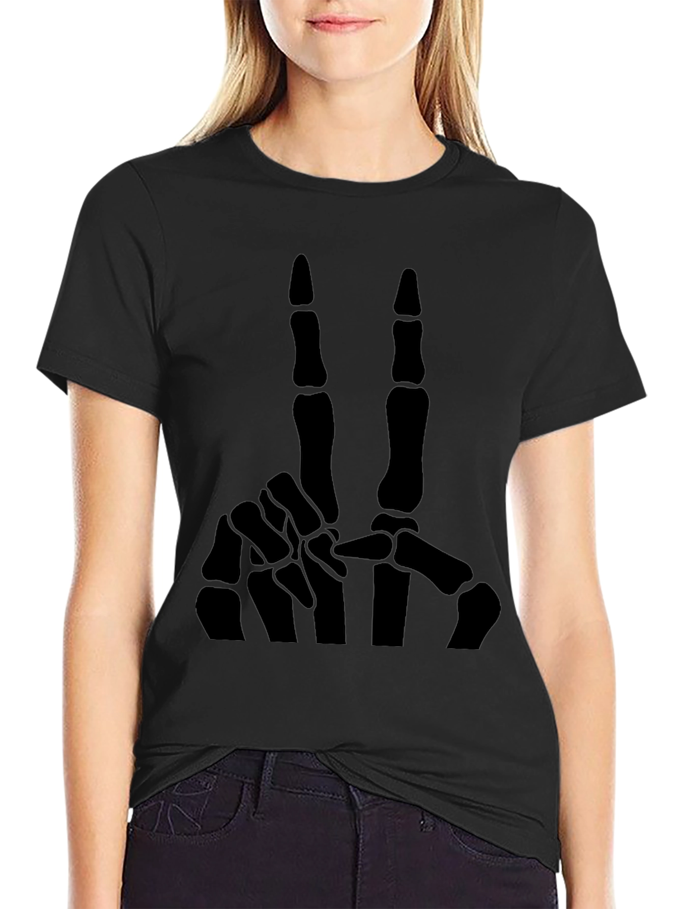 Skeleton Hand Peace Sign T-Shirt - Black